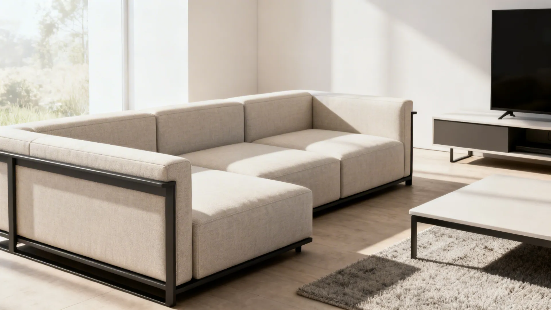 Slim modular sofa in a small living room with low-profile console and area rug