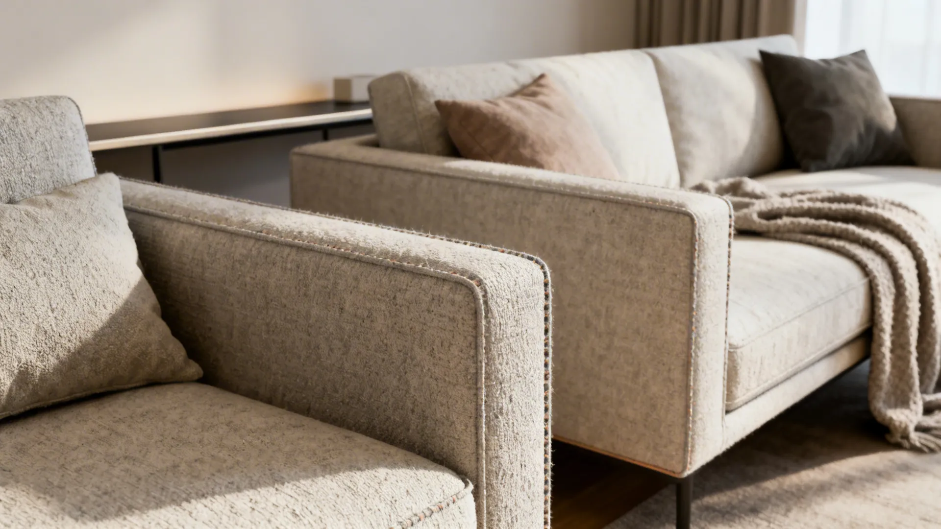 Close-up of slim-armed and armless sofas with cushions and throw highlighting scale and texture
