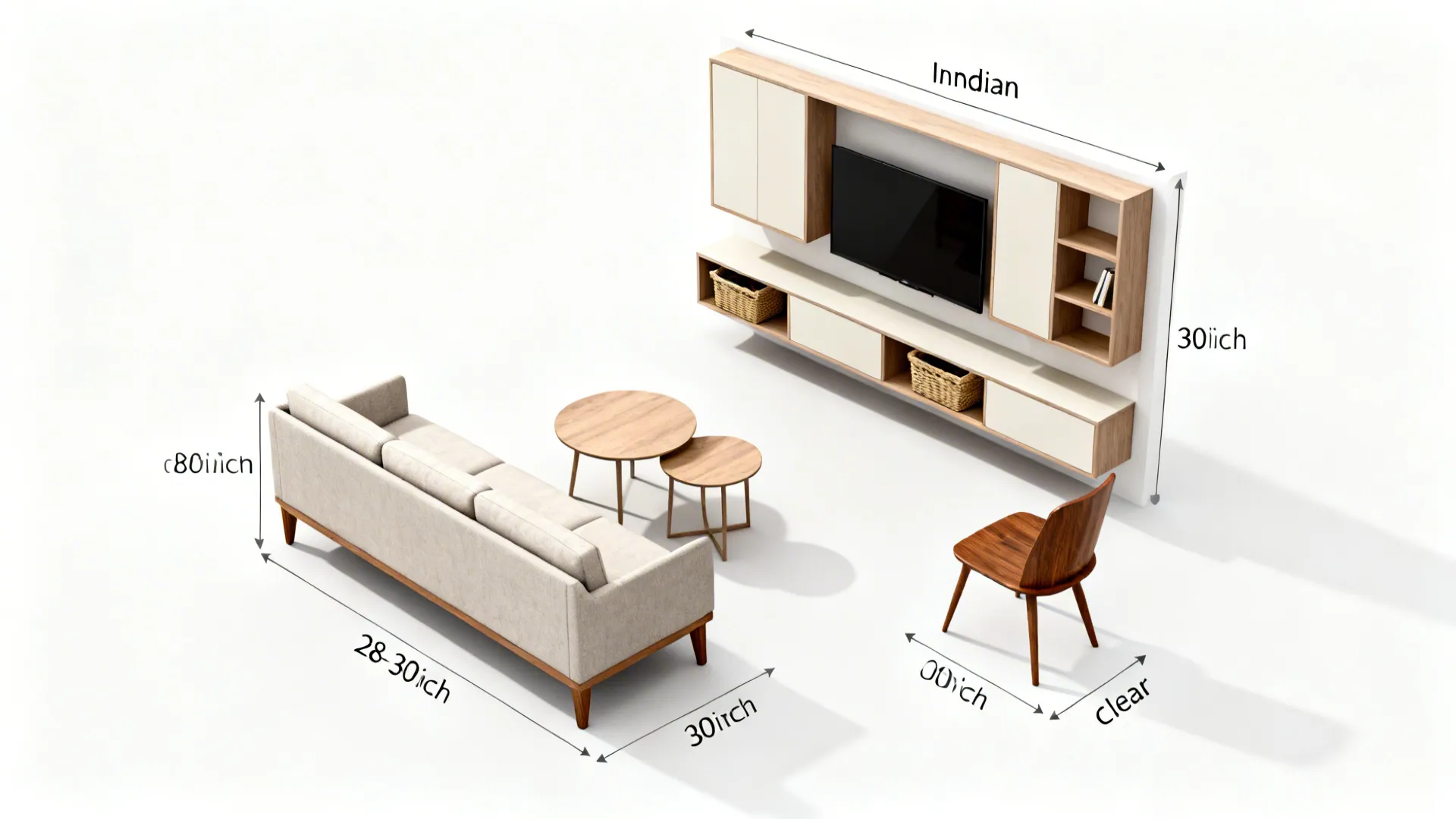 Top-down view of slim sofa, wall-mounted modular TV unit, and clear walkways in a small living room