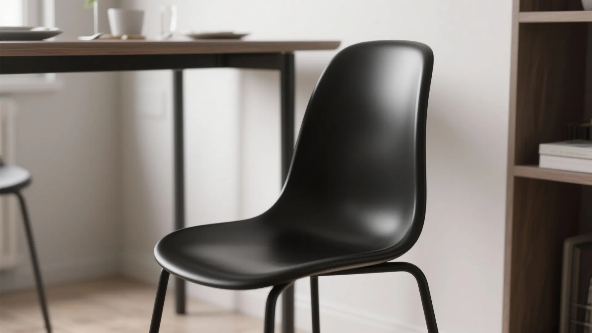 Close up view of modern black molded chair with thin metal legs near wooden table