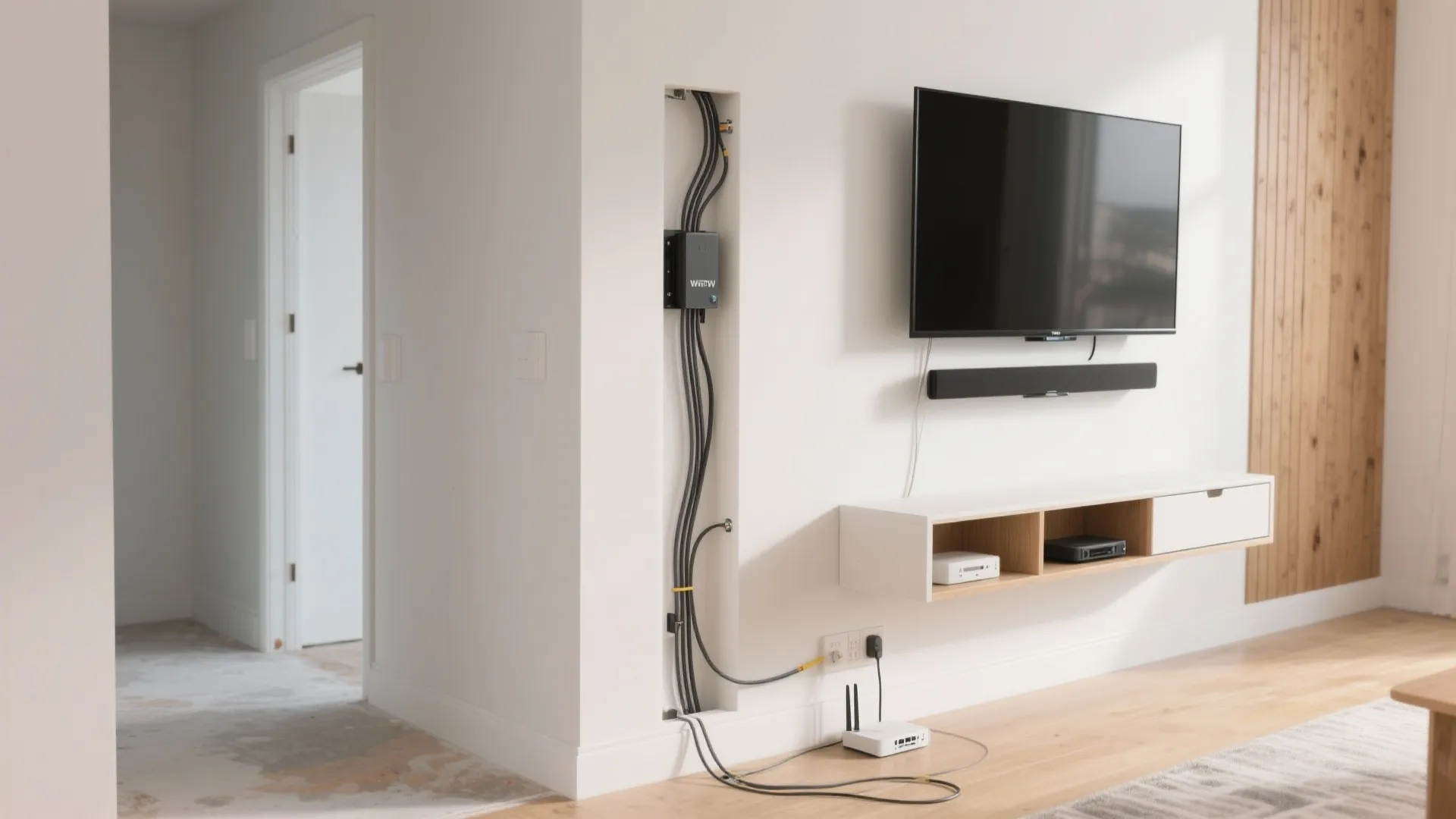 Hall TV on ultra-slim mount with a paint-matched cable chase and tidy floor space.