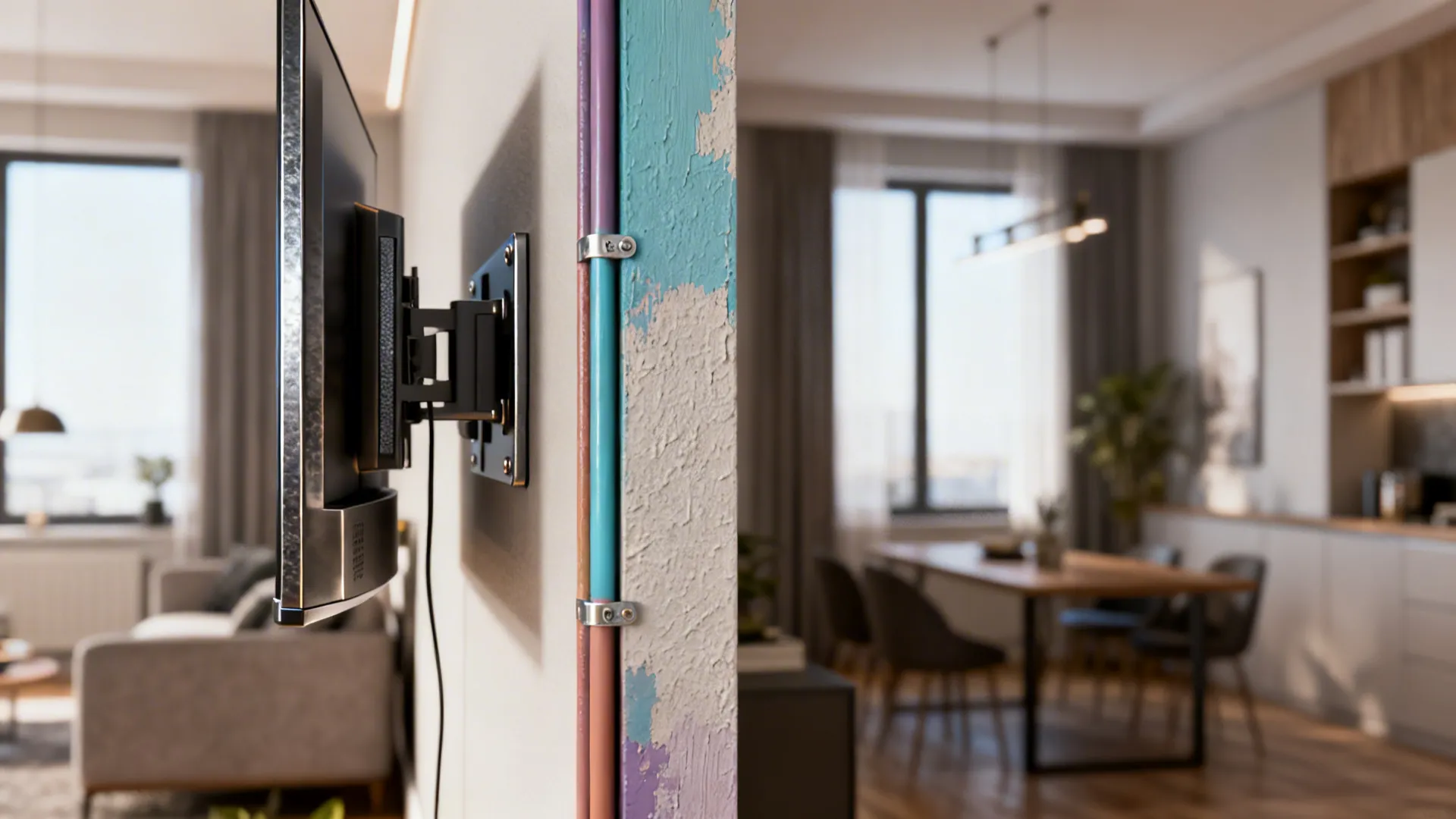 Slim TV mount with a painted power bridge channel blending into the wall