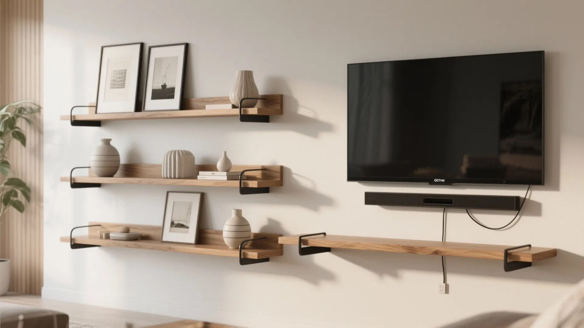Wall mounted television beside three wooden floating shelves displaying pictures and small home decor items