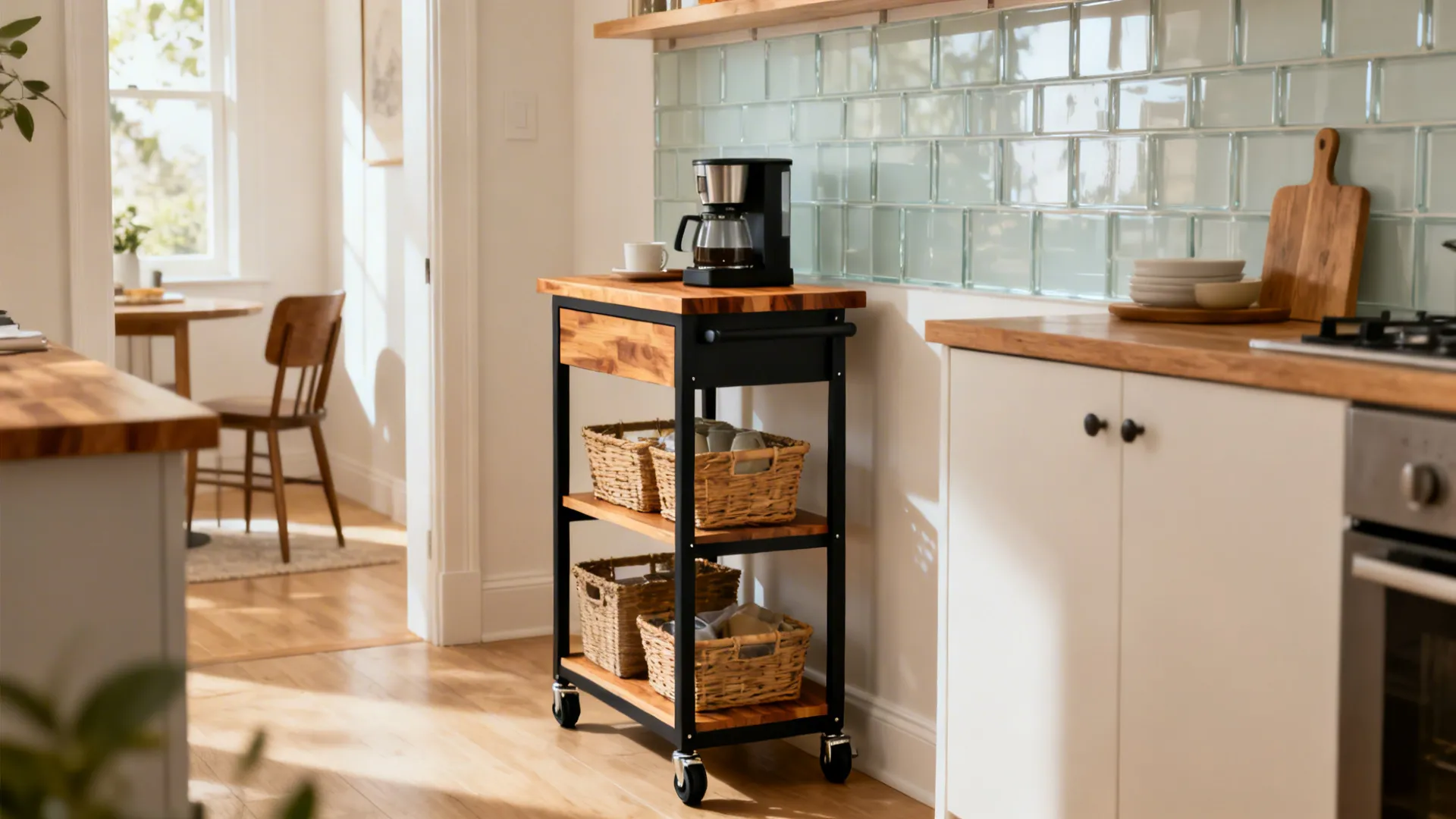 Slim wheeled kitchen cart with butcher-block top and baskets in a small airy kitchen.
