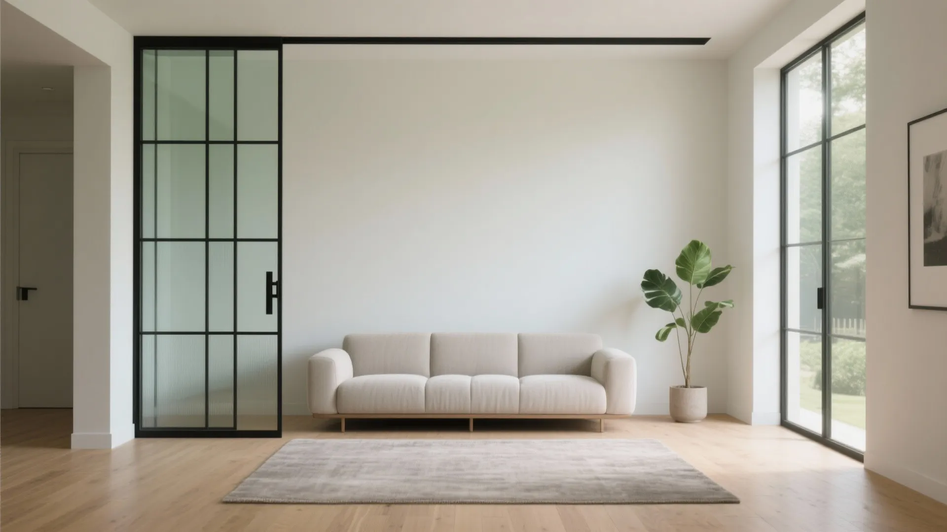 Minimalist living room with white sofa glass door with black frame wooden floor and green plant