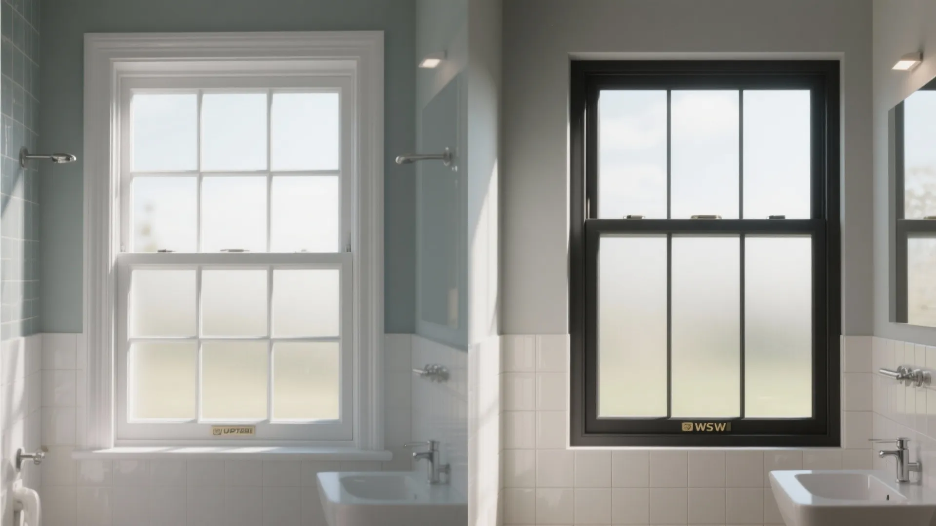 Side by side comparison of a white bathroom window versus a thin black frame window