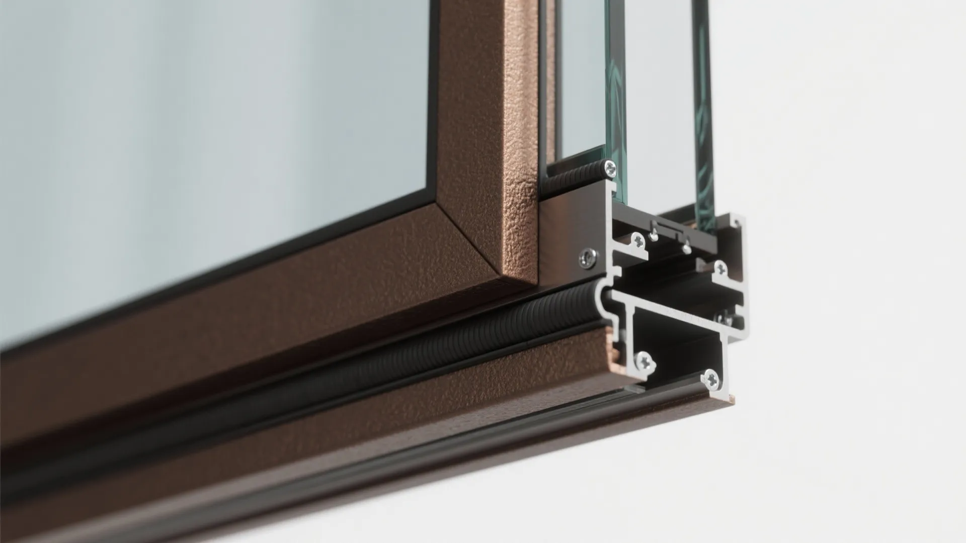 Close up of bronze metal window frame showing glass layers and internal metal structure and parts