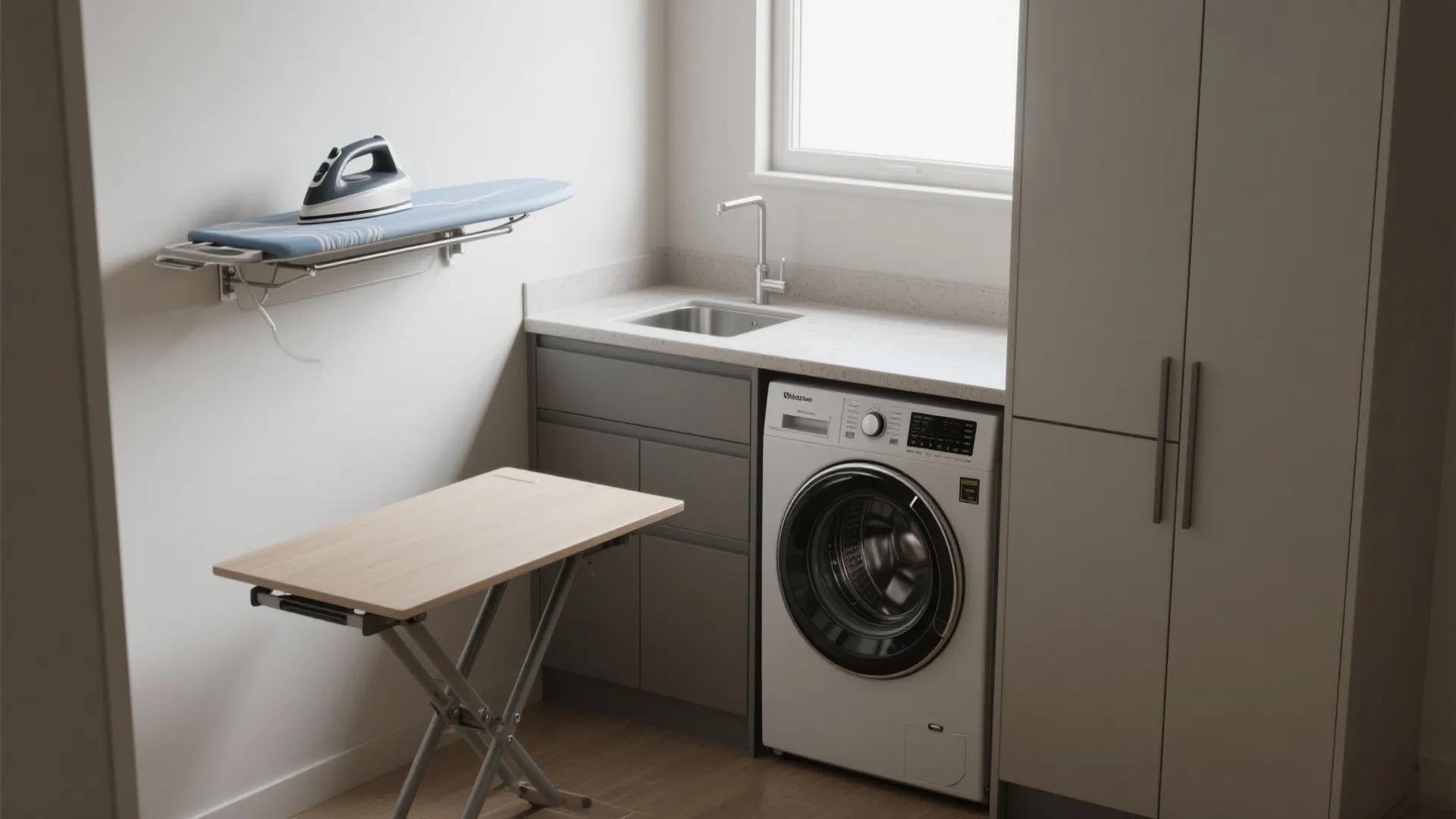Modern laundry room featuring a washing machine silver sink grey cabinets and a wall iron