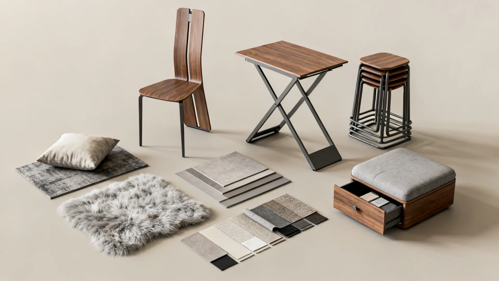 Flatlay of slim furniture pieces and textile swatches for small dining spaces