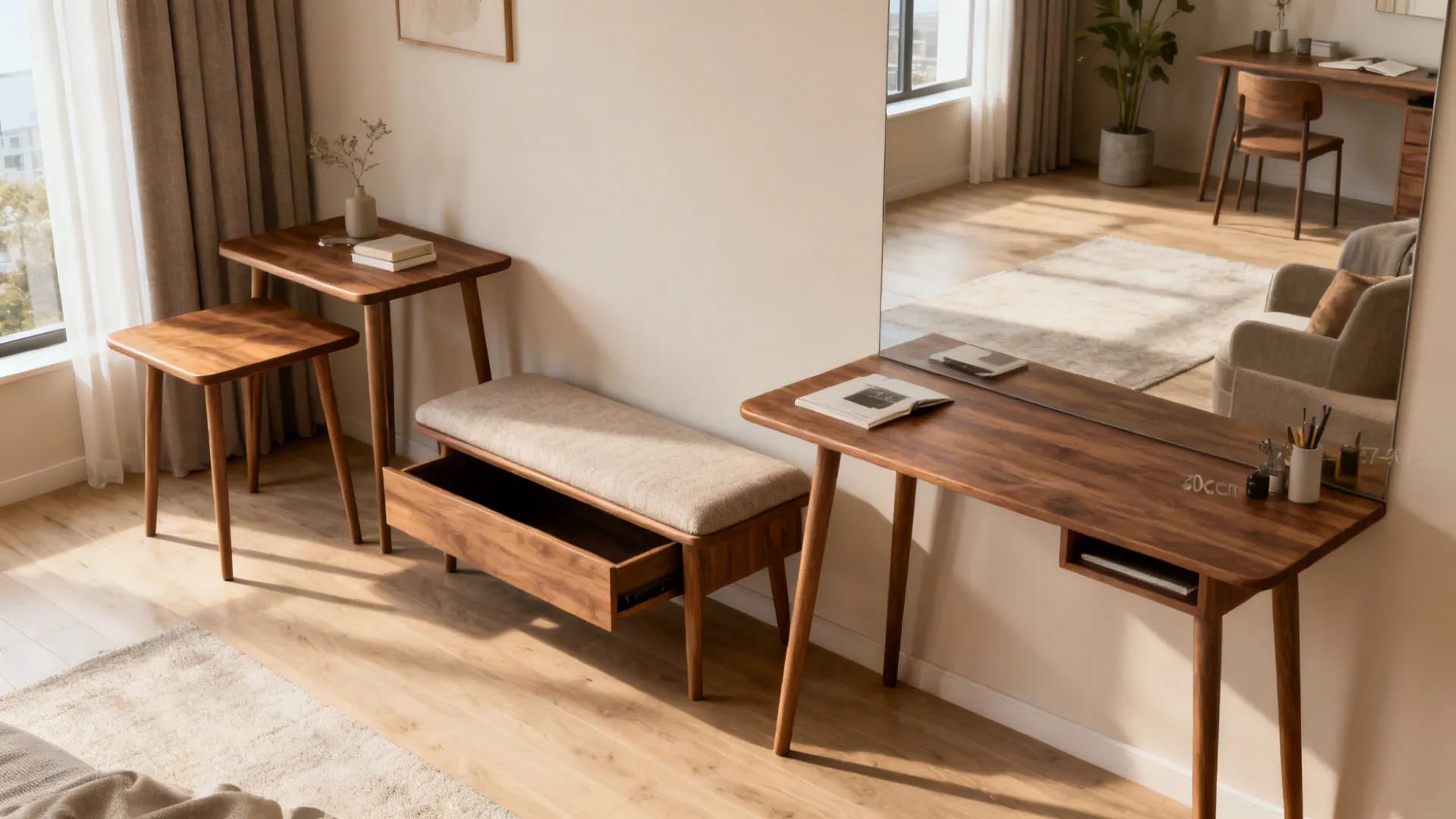 Compact living room with nesting tables, a storage bench, and a 30 cm deep console desk.