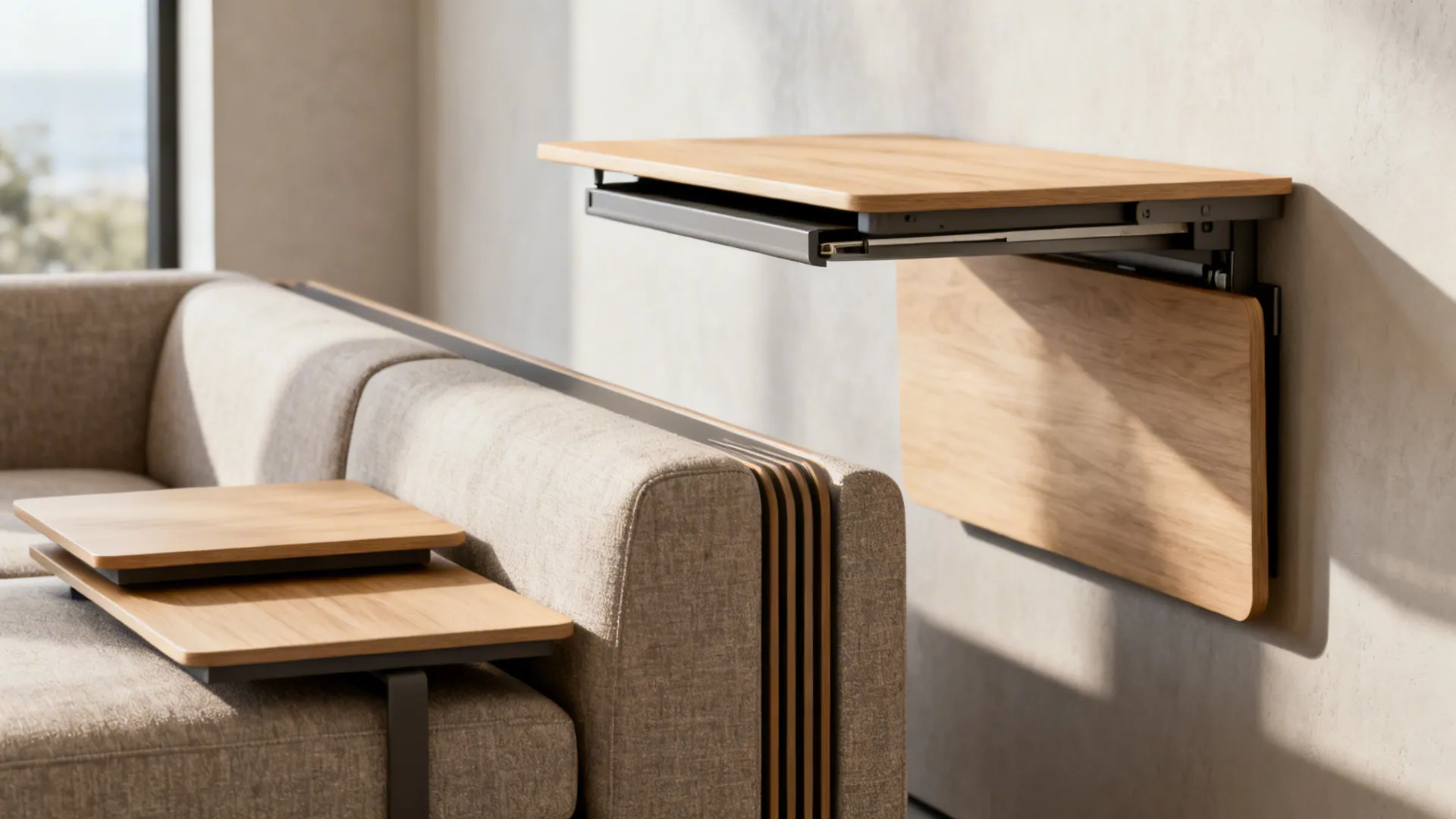 Slim-profile sofa, nesting coffee tables and a wall-mounted drop table in a compact living room