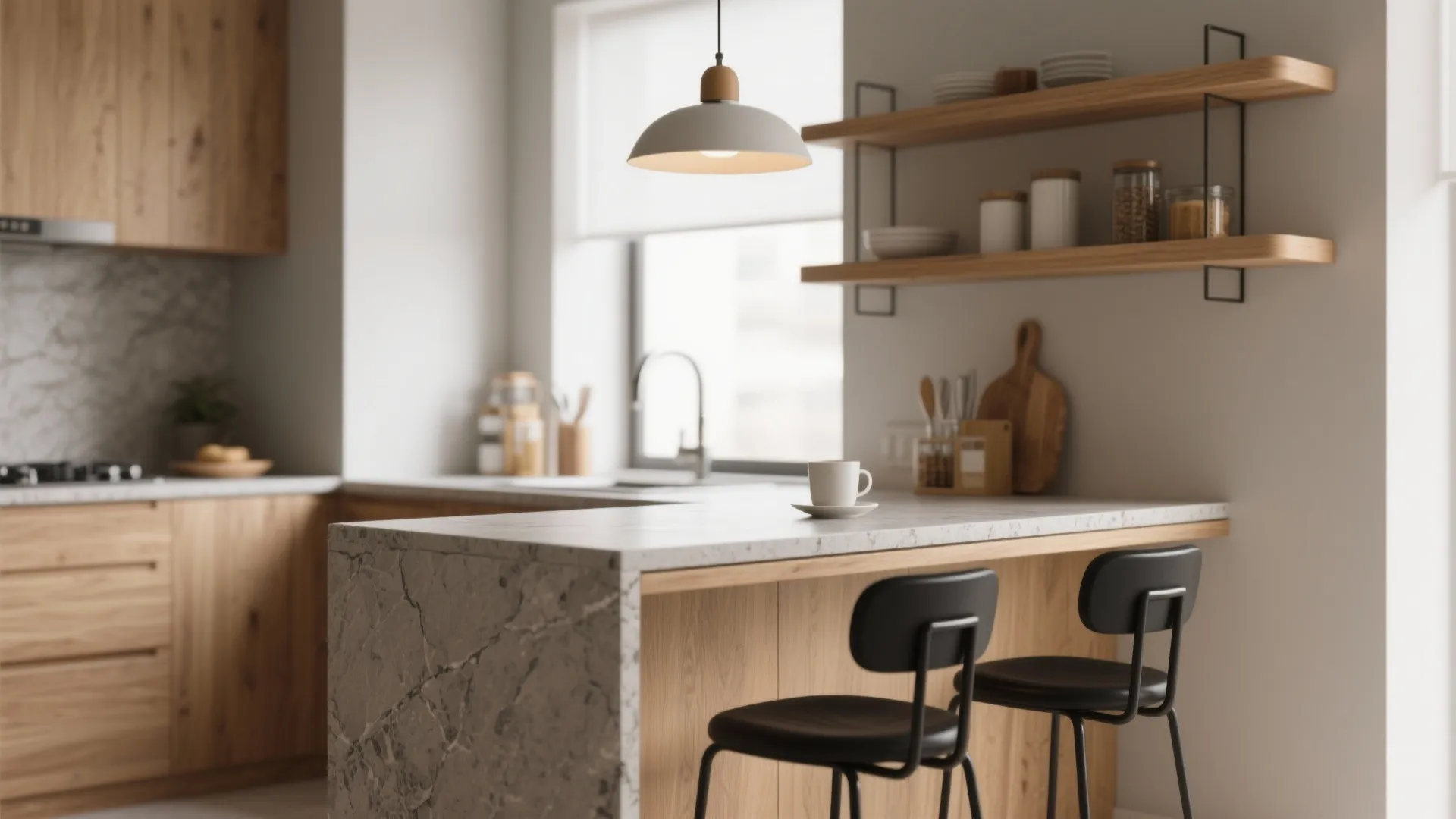 Slim multifunctional kitchen island with open shelving, seating, and stone countertop in a compact kitchen.