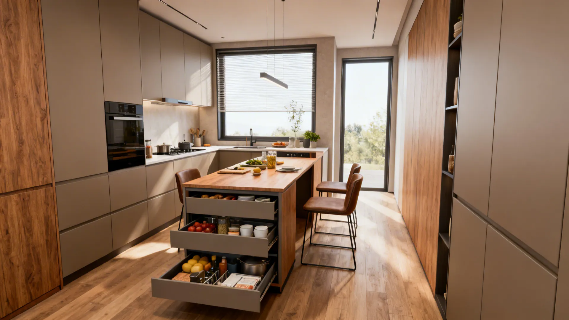 Narrow kitchen with a slim multifunctional island serving as prep area and dining spot with integrated storage.