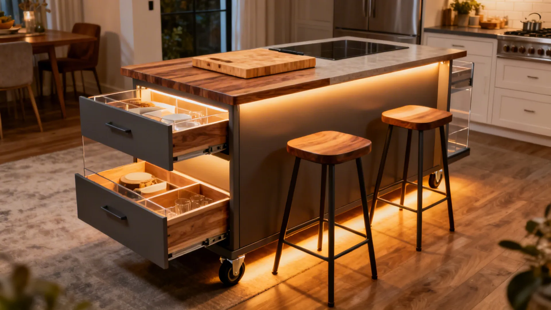 Narrow multifunctional island on casters providing prep space and seating in a small kitchen