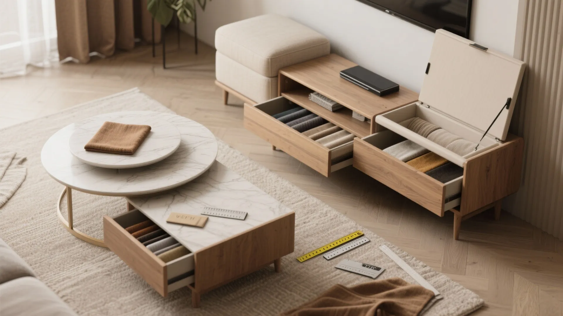 Wood cabinet and marble coffee table with open drawers showing fabric samples in a room