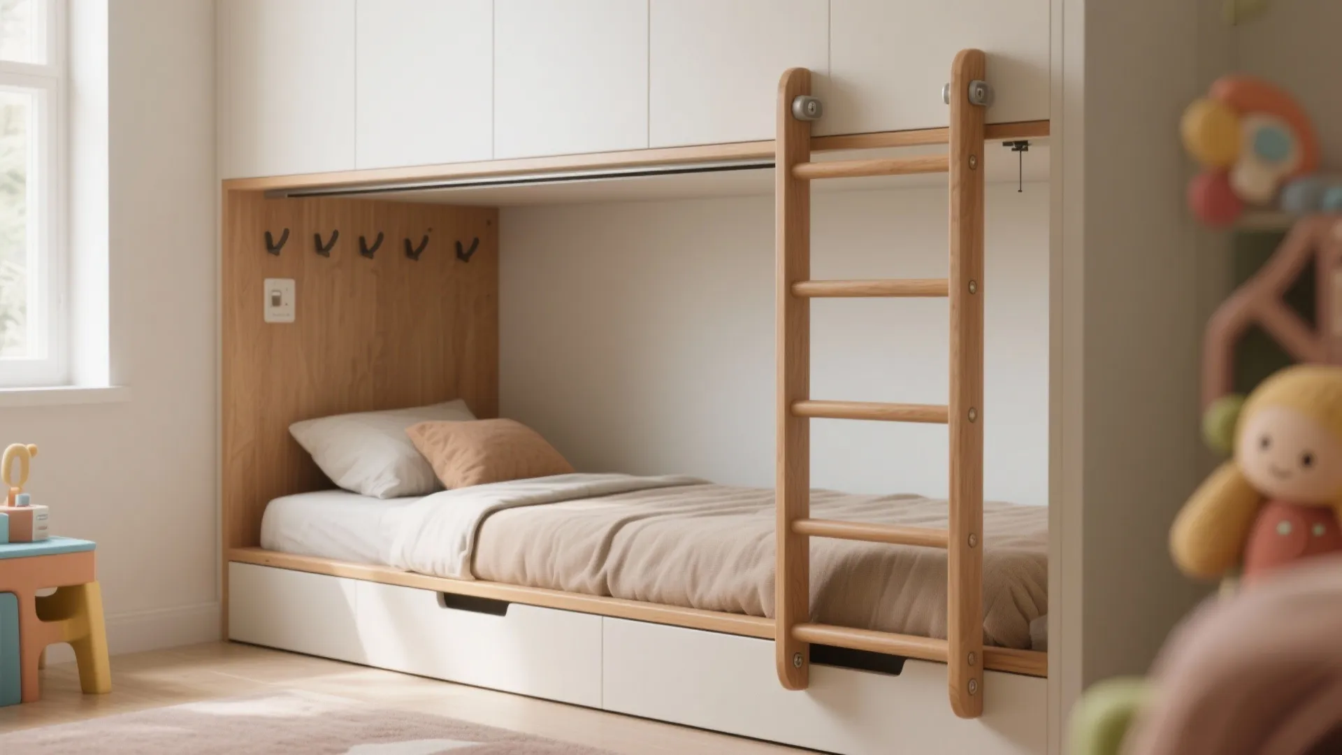 Modern white and wood bunk bed with integrated storage drawers and a wooden access ladder