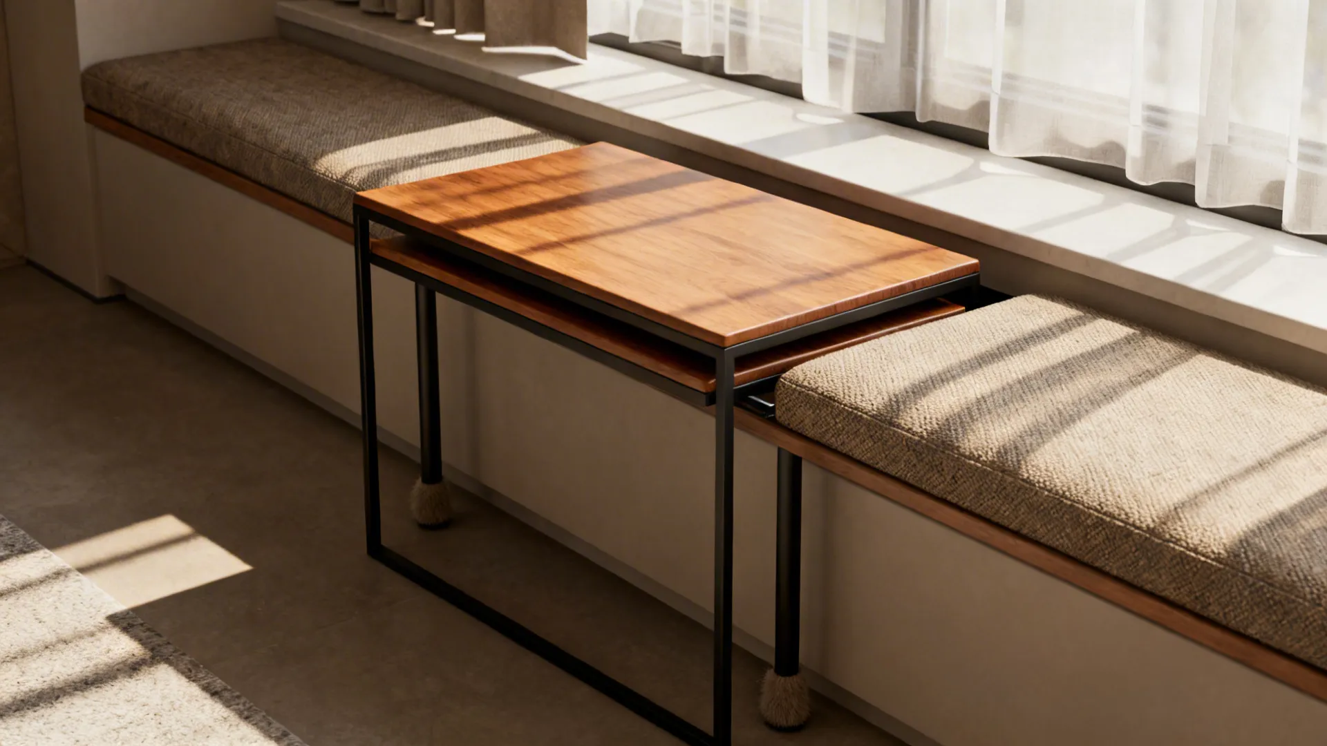 Slim nesting rectangular end tables with metal frames and wooden tops beside a narrow sofa