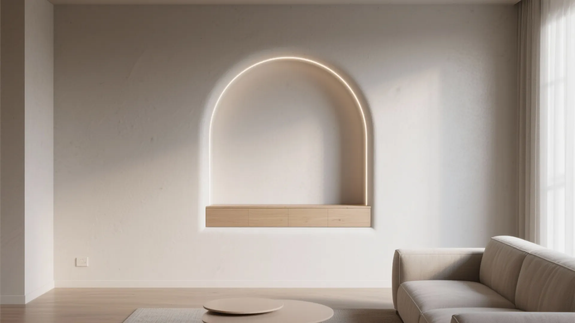 Modern living room with arched wall shelf featuring warm light fixture and small wooden cabinet