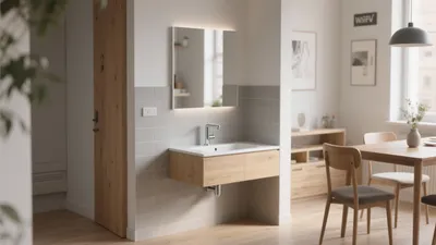 Modern Bathroom Vanity with Wood & Gray Tiles