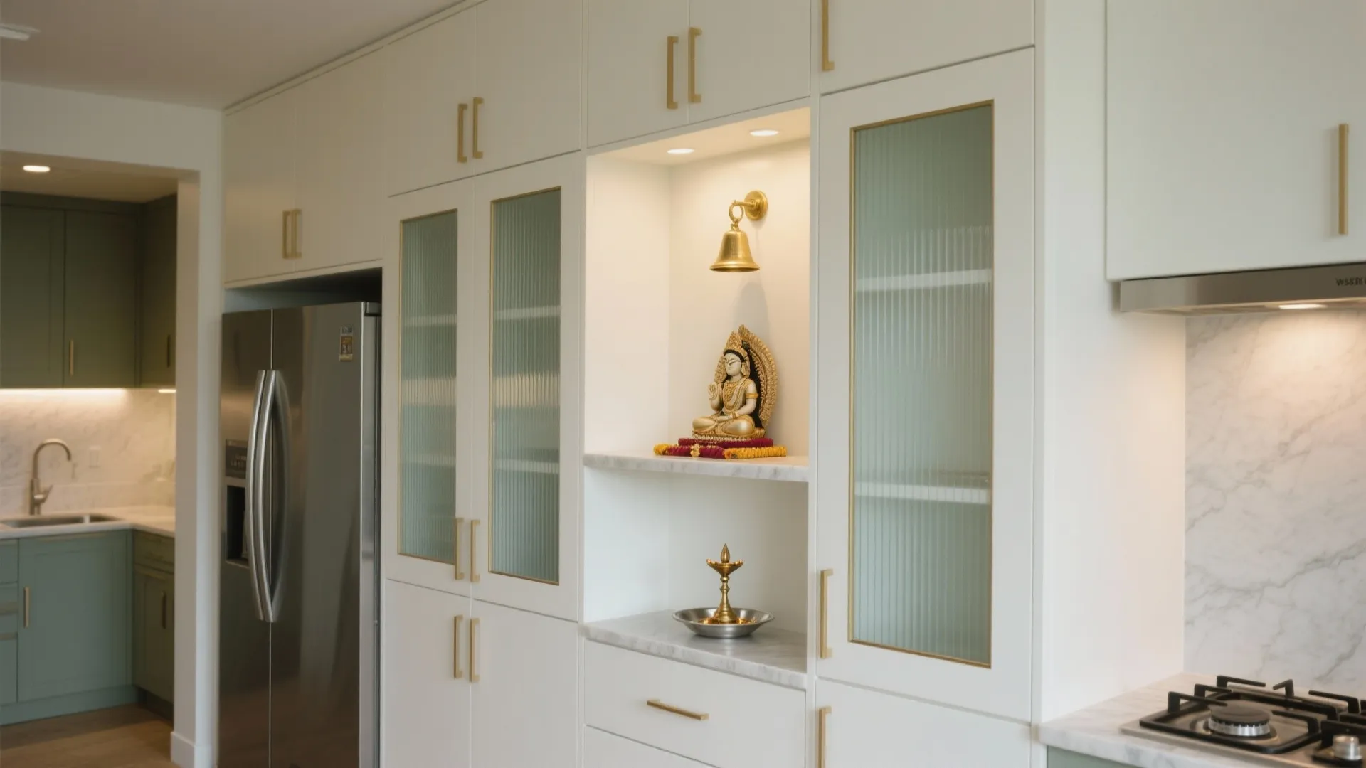 White kitchen cabinet wall with glass doors and built-in shelf for gold statue and bell