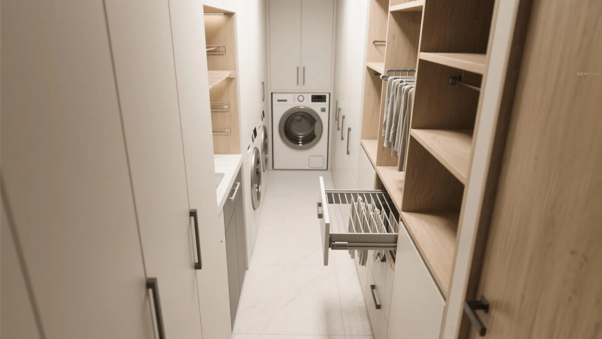 Modern laundry room with washing machines wood shelves white cabinets and open pull out drying rack