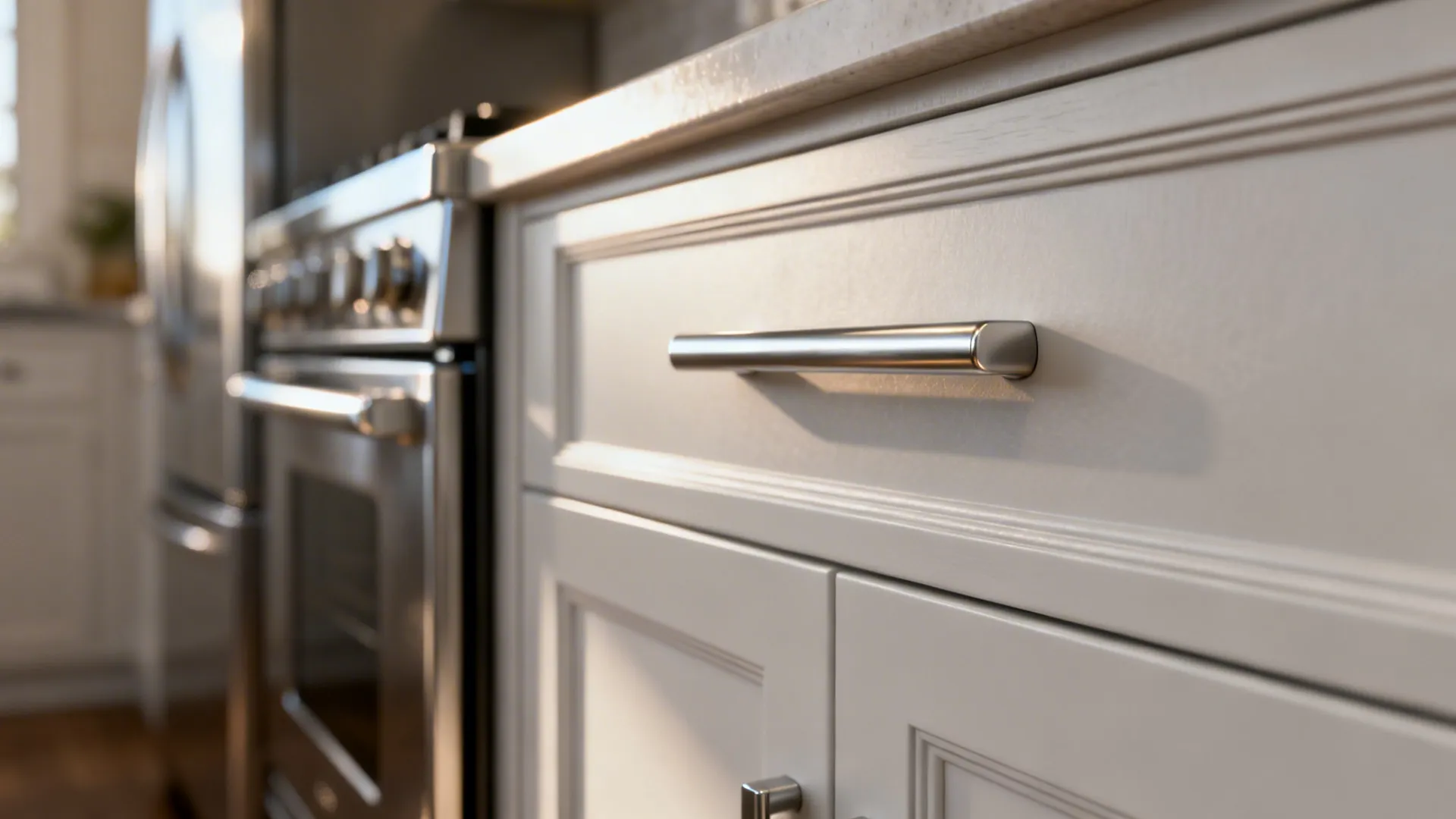 Macro of slim brushed nickel bar pulls on modern slab cabinet fronts with soft daylight highlights.