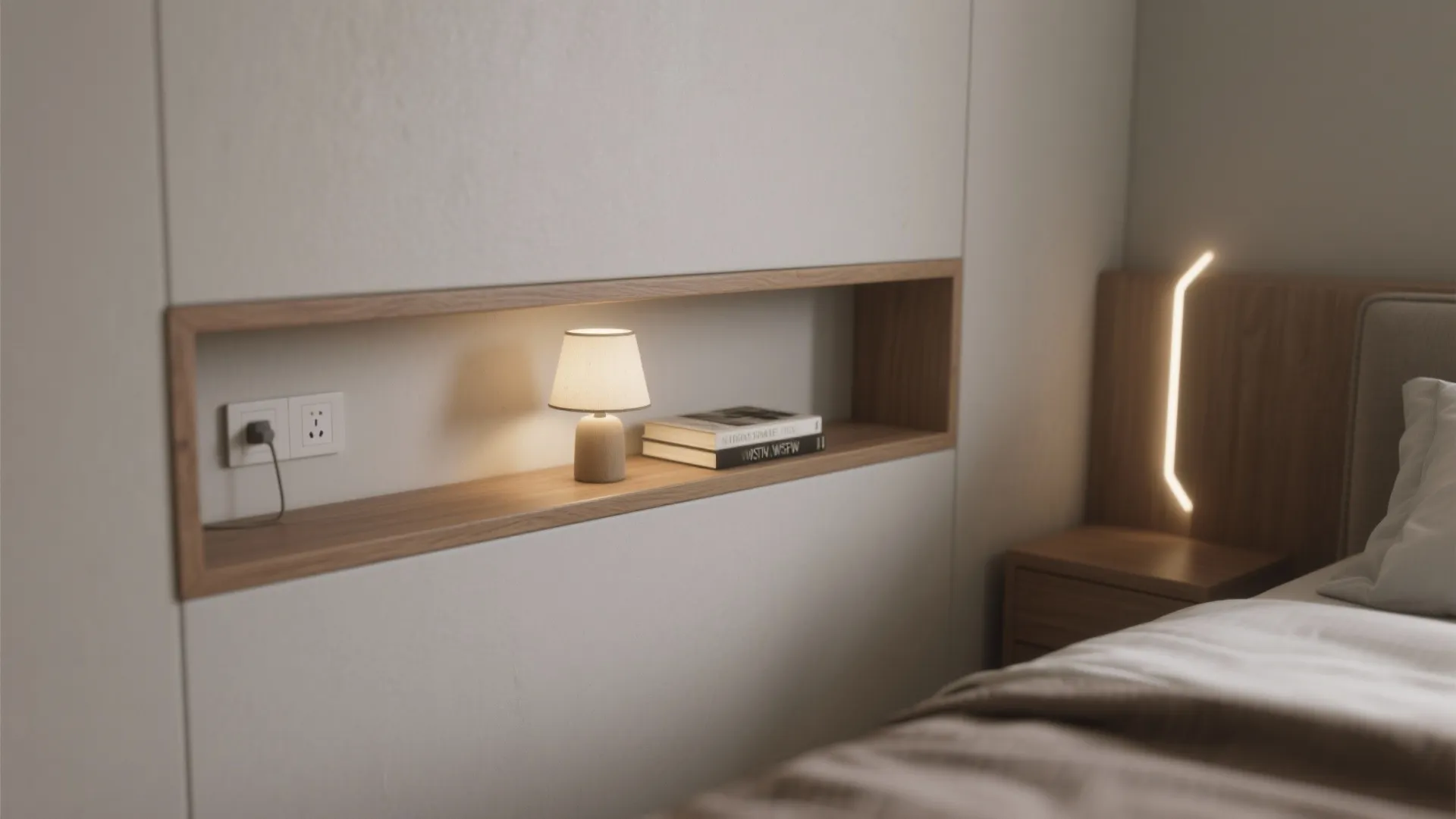 Recessed wooden wall shelf featuring a small lamp and books near a minimalist modern bed