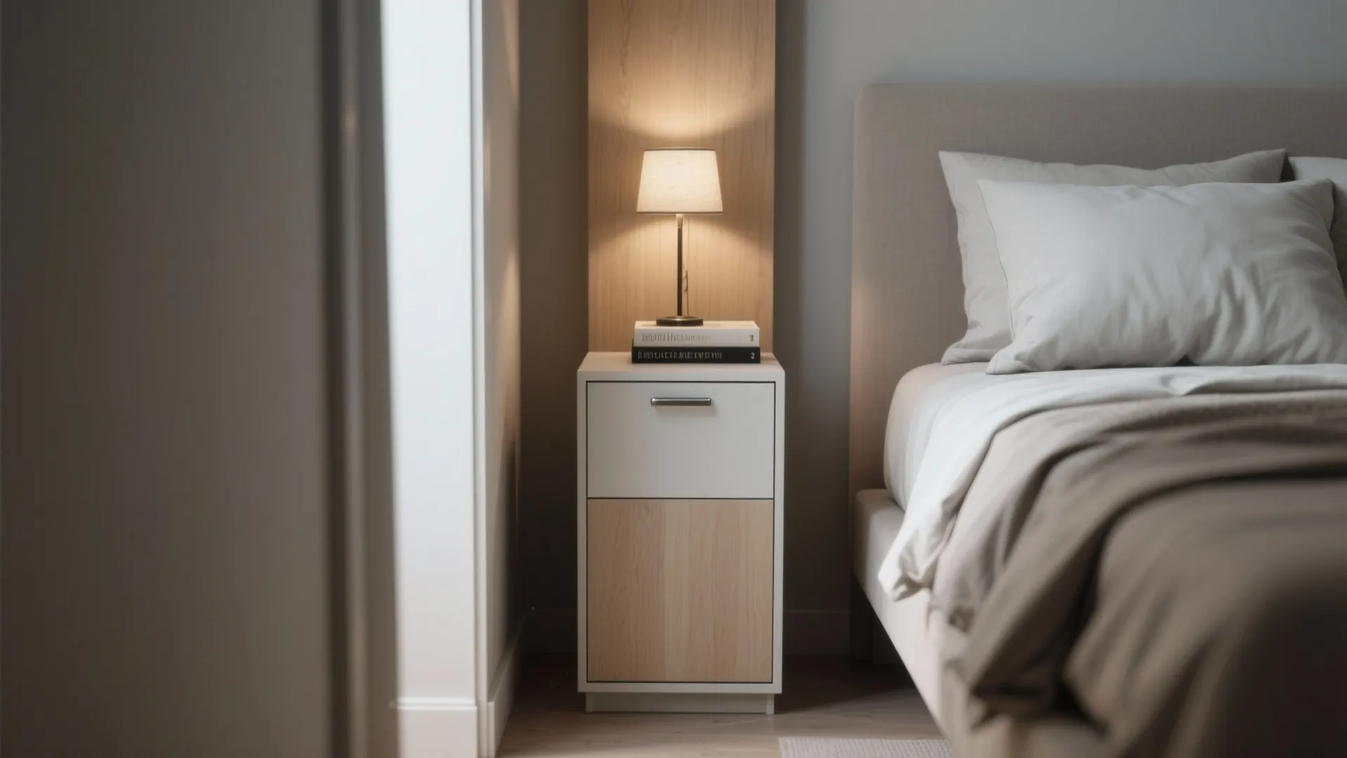 Slim white and wood bedside cabinet with a lamp on top next to a bed