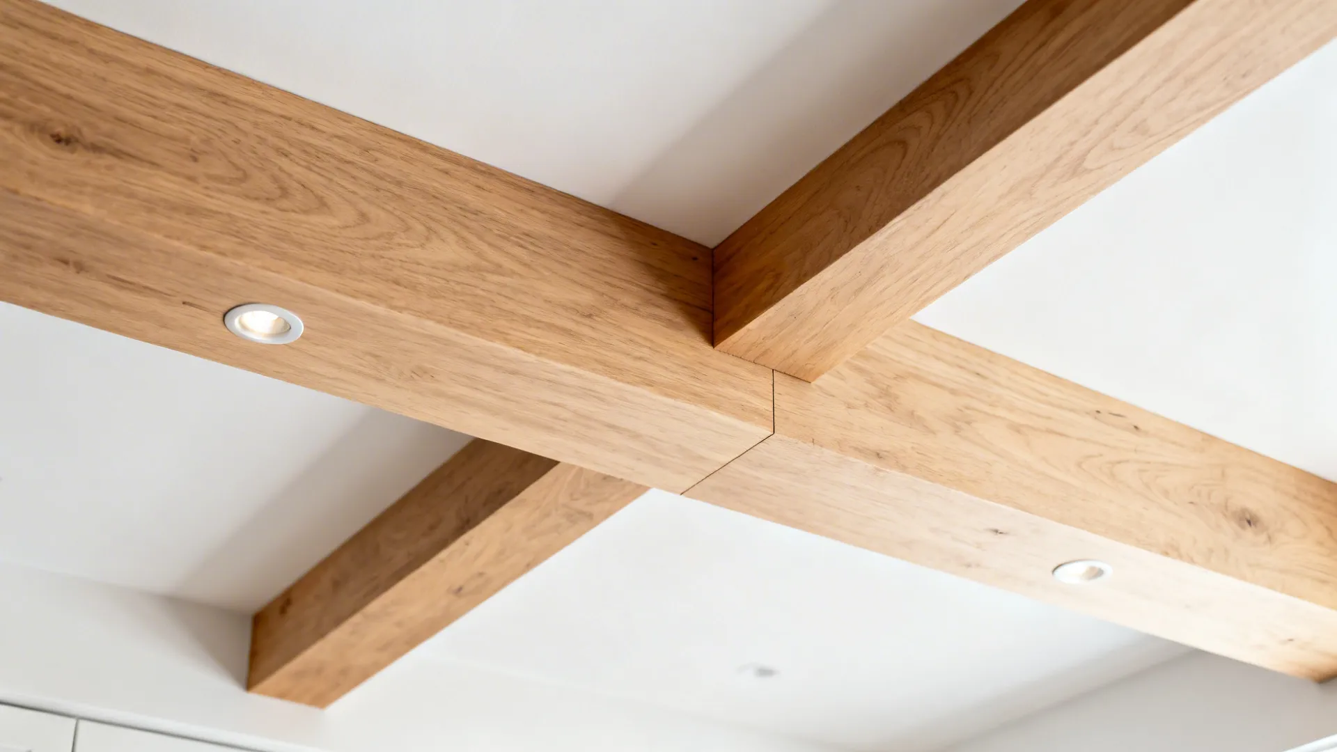 Close-up of a slim white oak ceiling beam with fine grain and micro downlight.