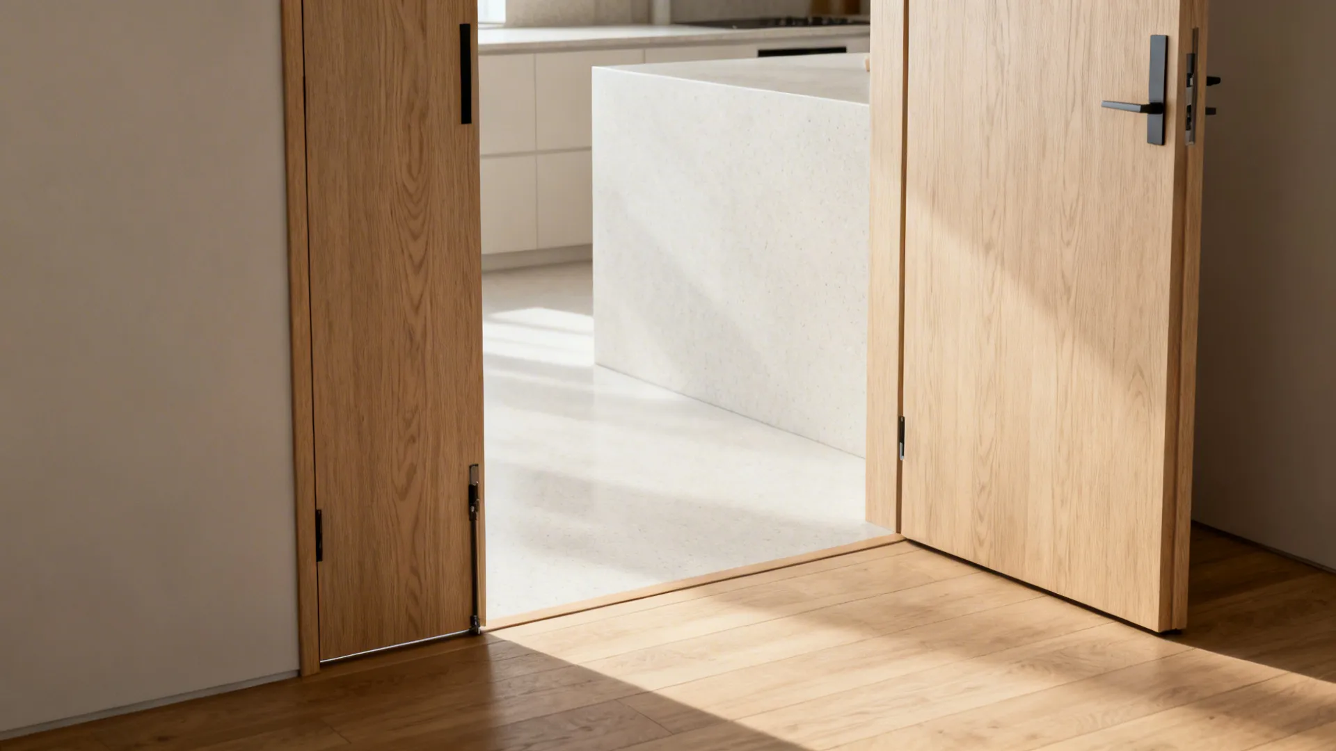 Light oak double doors open into bright kitchen with white island and warm wooden floor