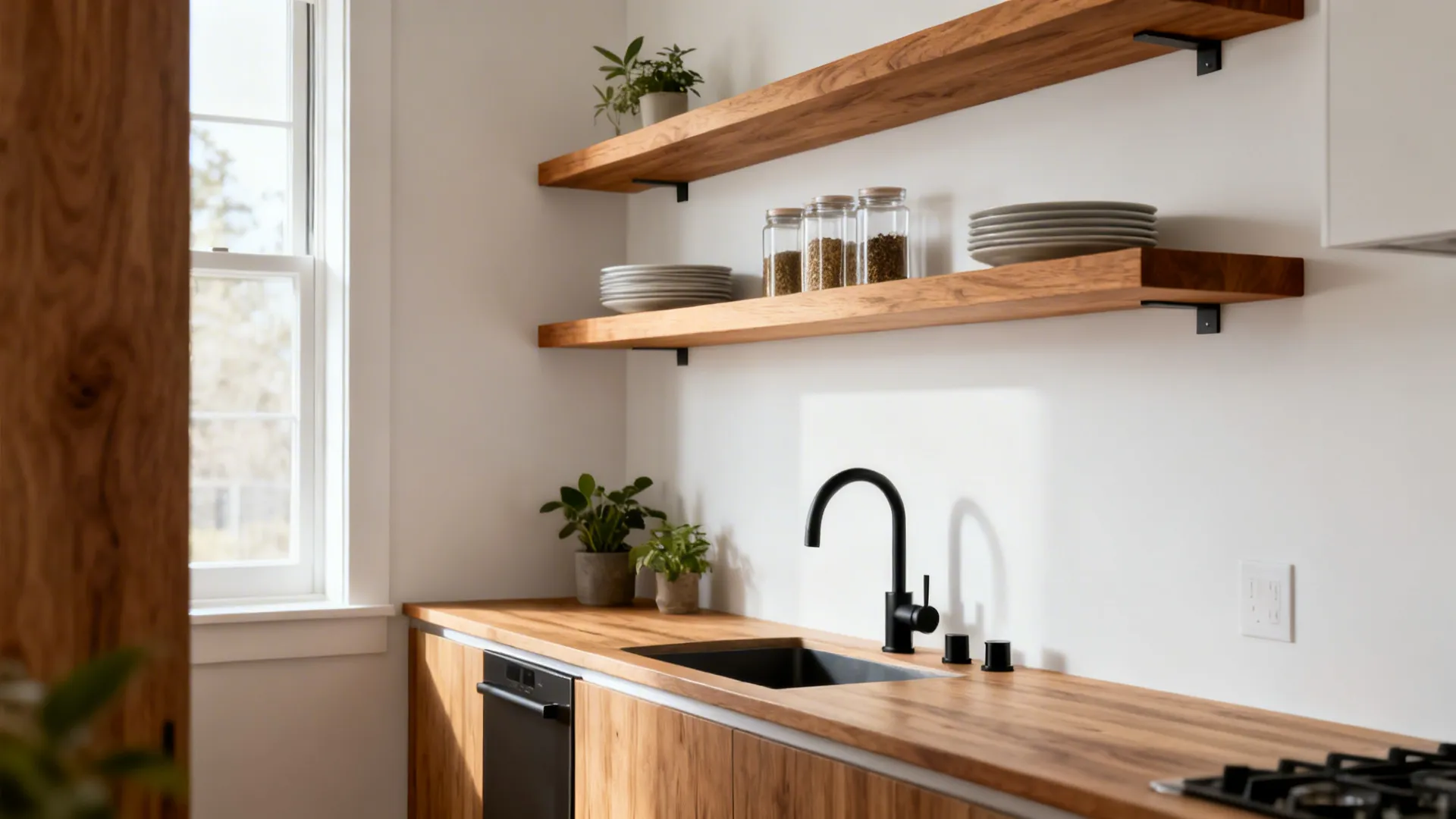 Slim oak plank open shelves with invisible brackets in a minimalist small galley kitchen.