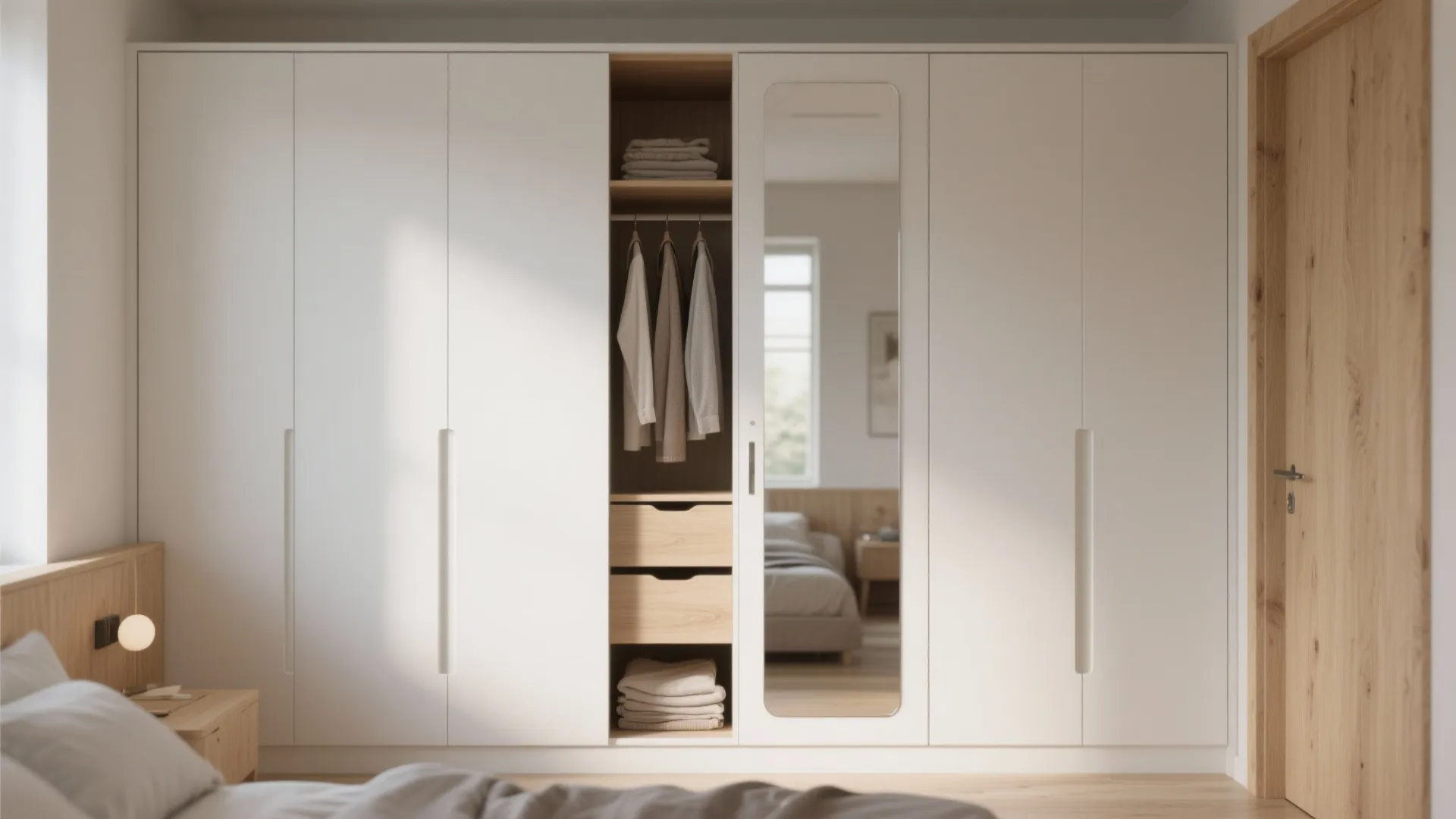 3. Slim white oak wardrobe with mirrored doors