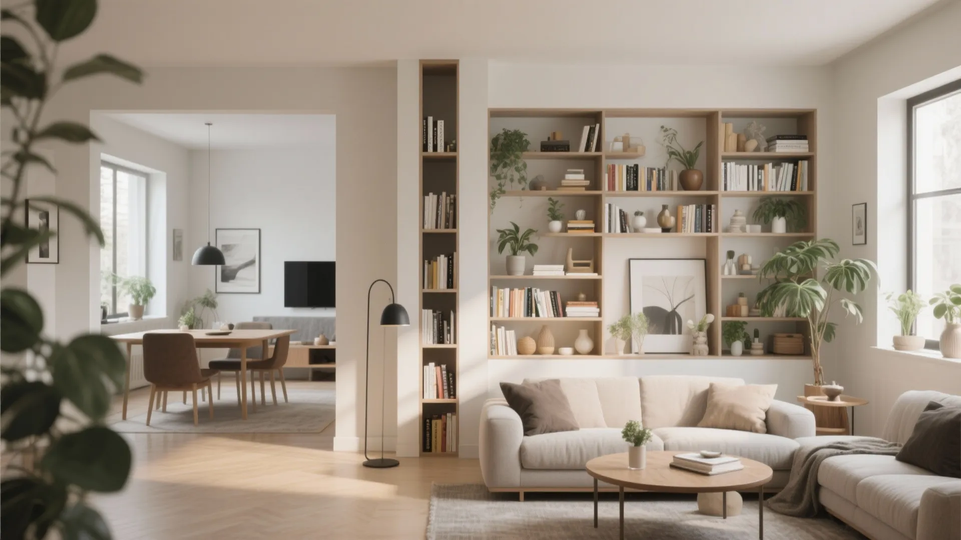 Modern living room featuring a tall wooden bookshelf built into the wall beside a sofa