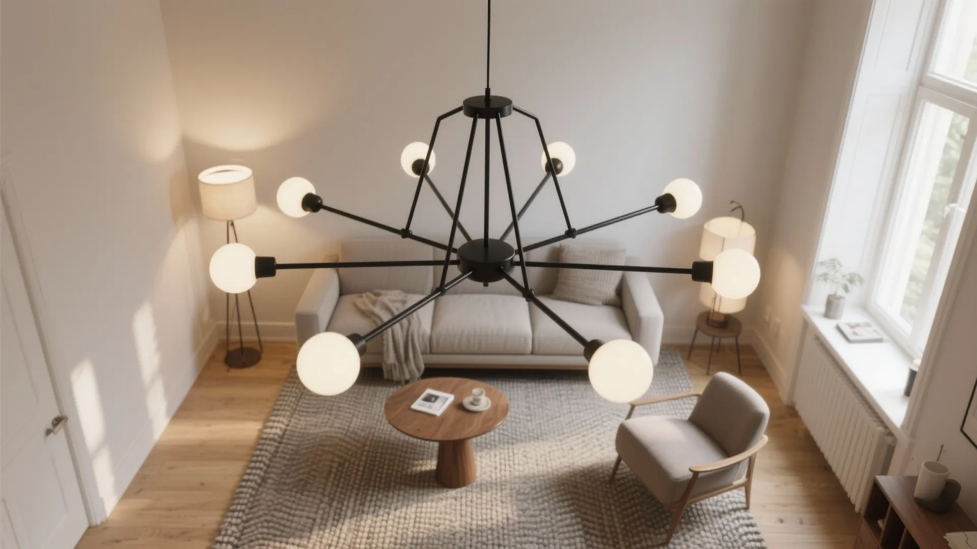 1) Slim, multi-arm chandeliers with open frames