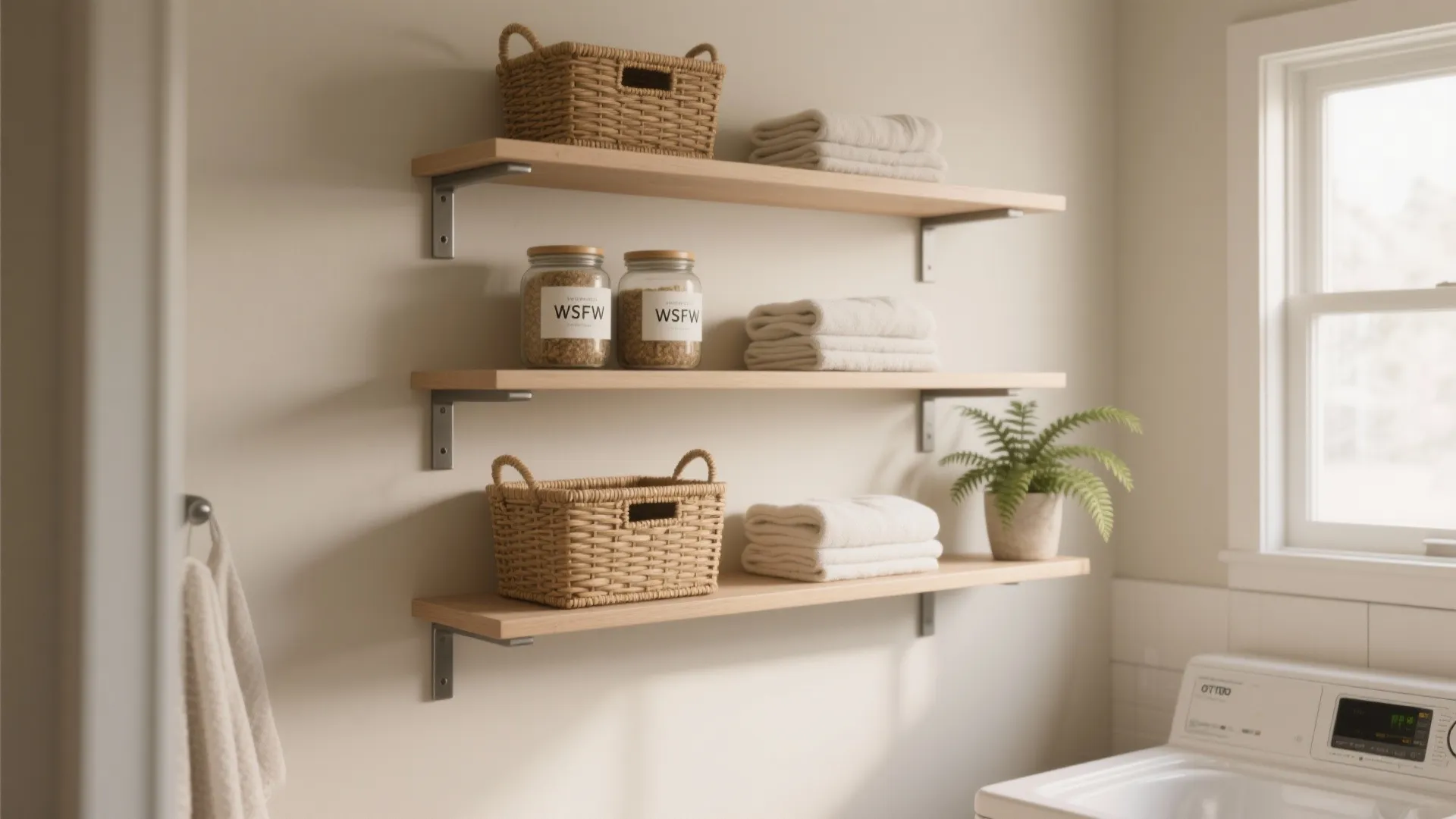 Three wooden wall shelves holding woven baskets jars and folded towels in a laundry room