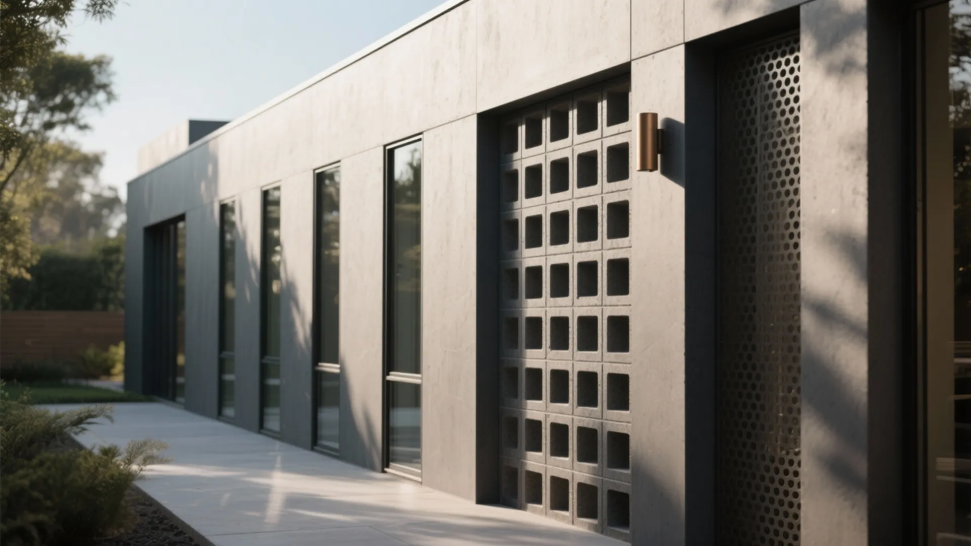 Modern grey house exterior showing tall narrow windows and a decorative hollow block wall design