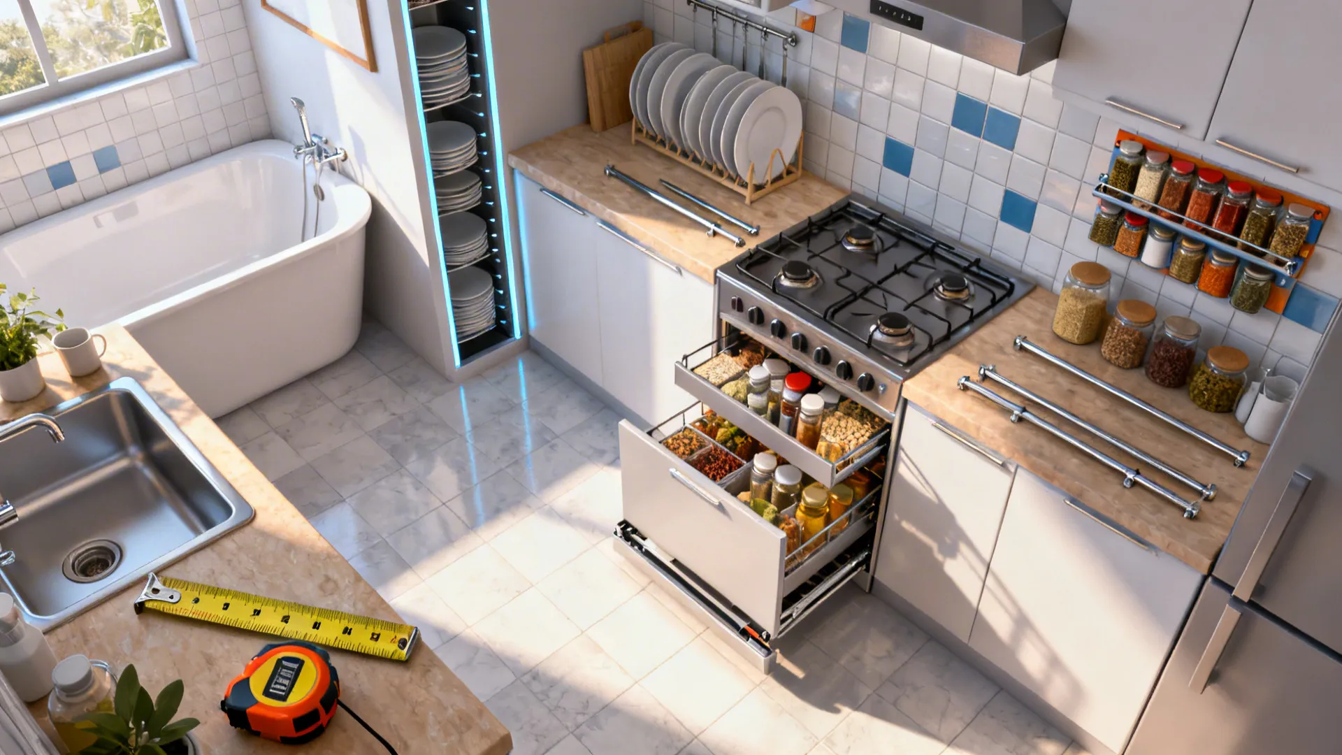 Slim pull-out pantry, magnetic spice strip and vertical plate rack in narrow kitchen and bathroom gaps.