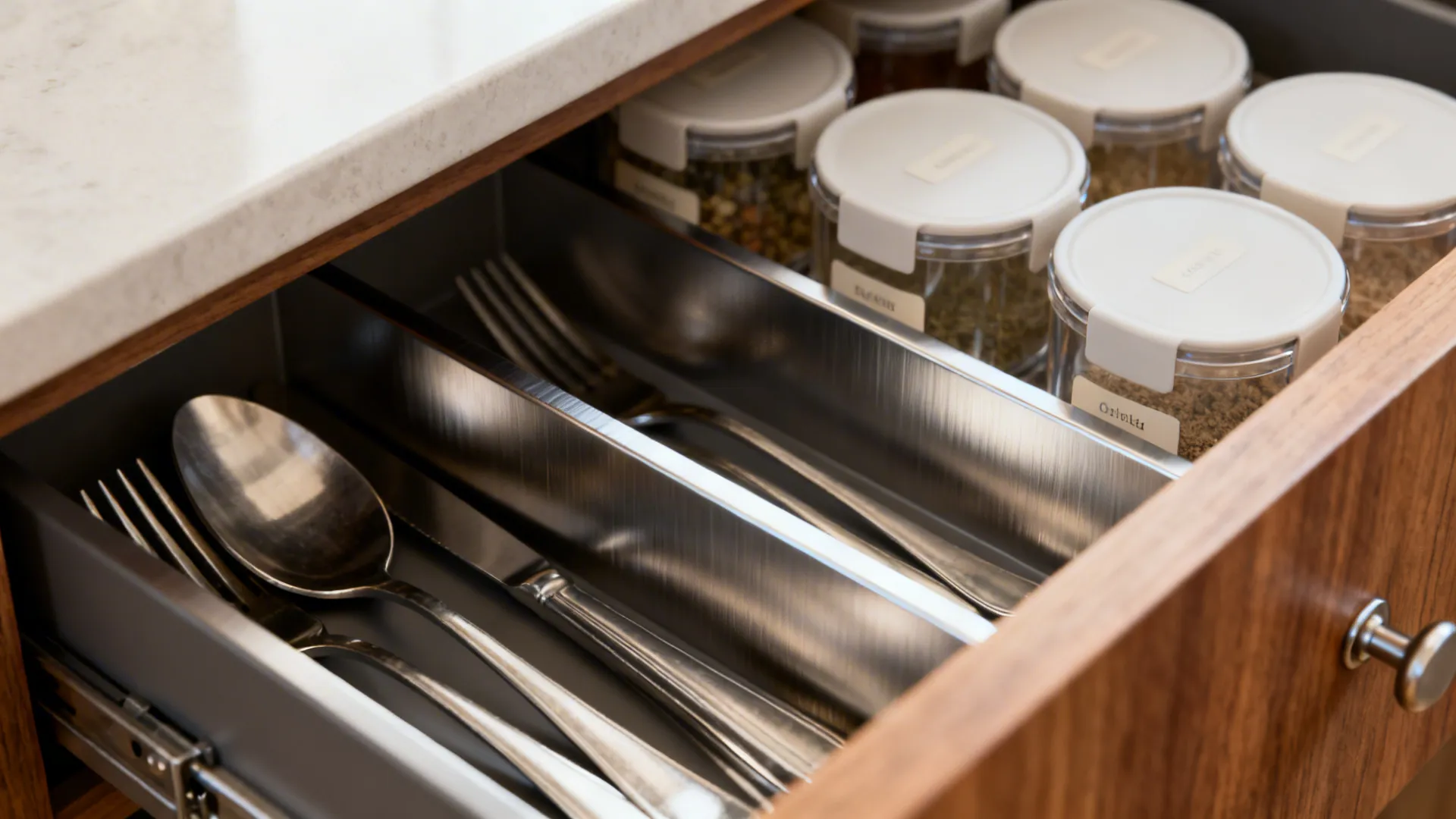 Macro of slim kitchen drawer dividers with neatly organized tools and labeled clear containers.