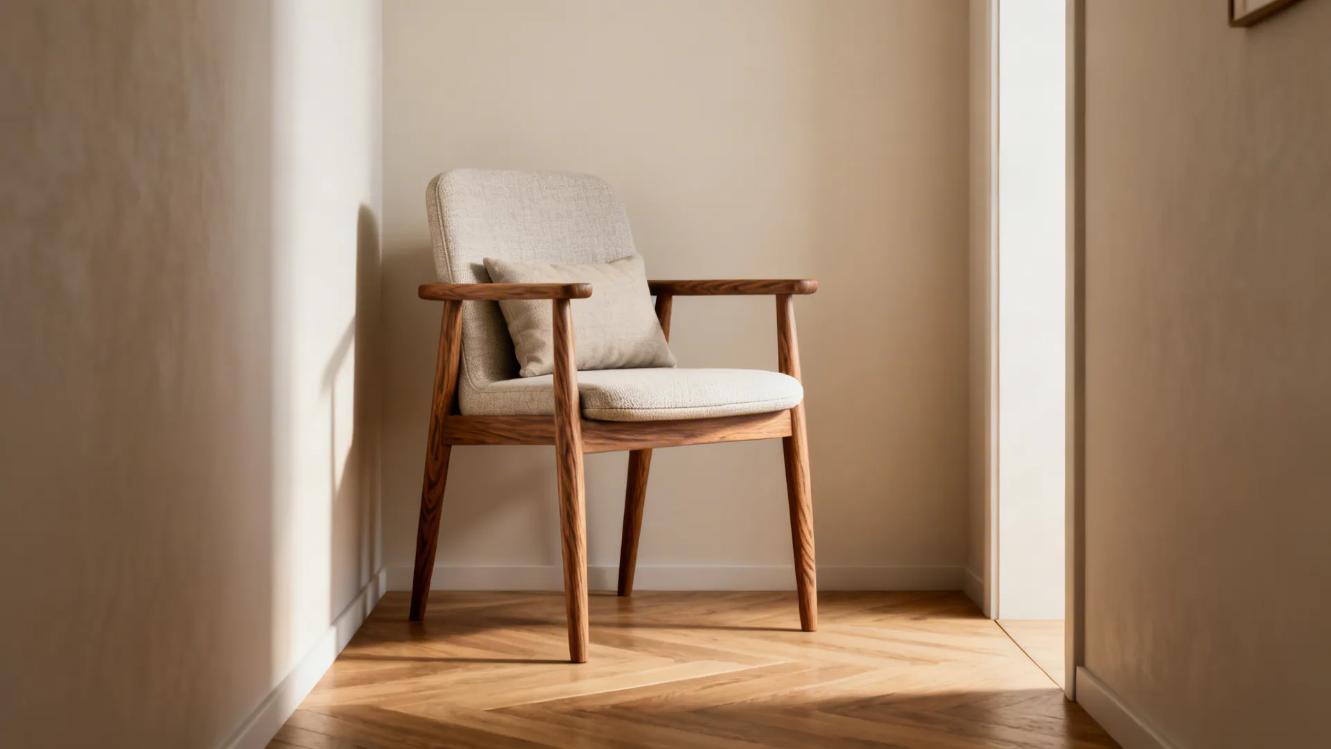 Slim-profile orthopedic armchair with tapered wooden arms and lumbar pillow in a narrow living room