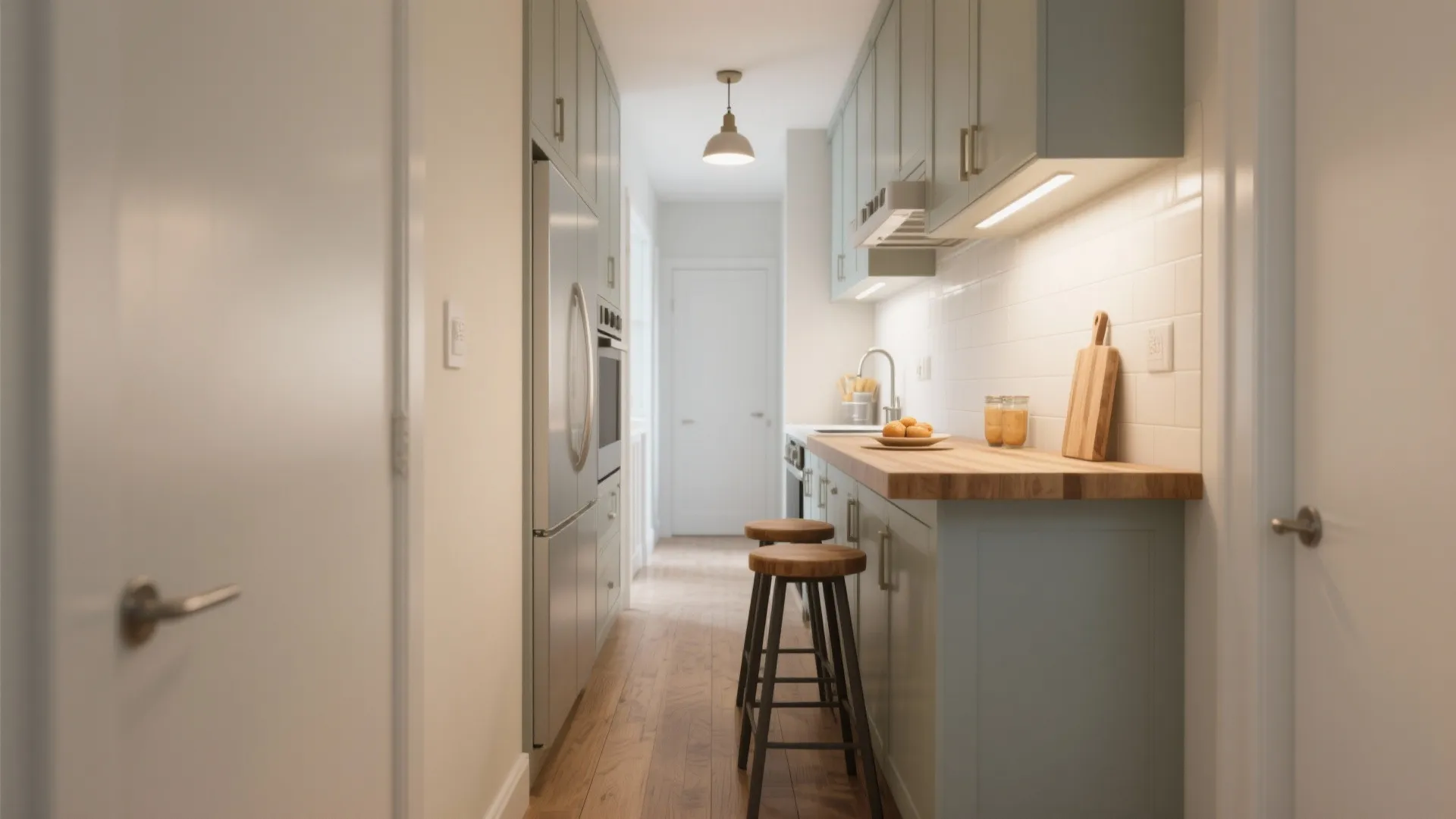 Narrow galley kitchen with light blue cabinets wooden breakfast bar two stools and a ceiling light