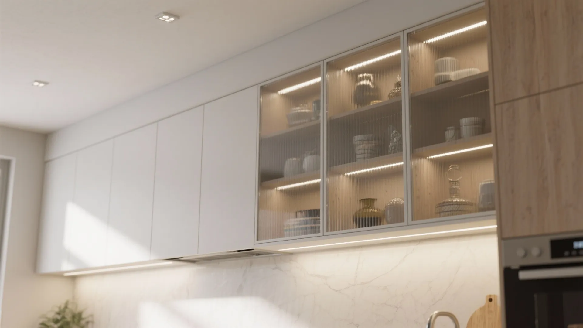 Modern white kitchen cabinets with glass doors internal light fixture marble backsplash and wooden panel
