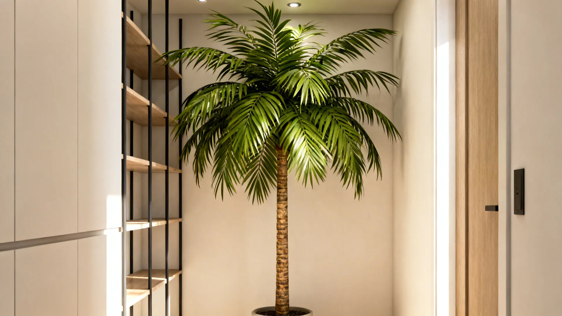 Tall green palm tree in a white corner next to open wooden shelves and light