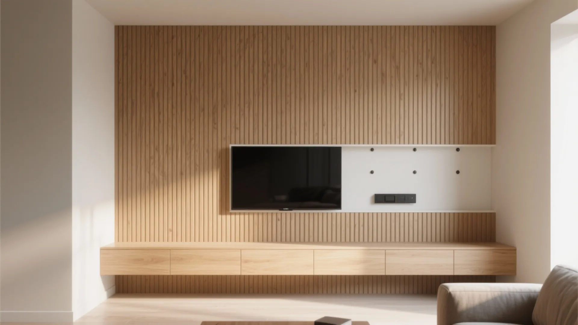 Modern wooden wall panel behind a wall mounted television and a long wooden storage cabinet