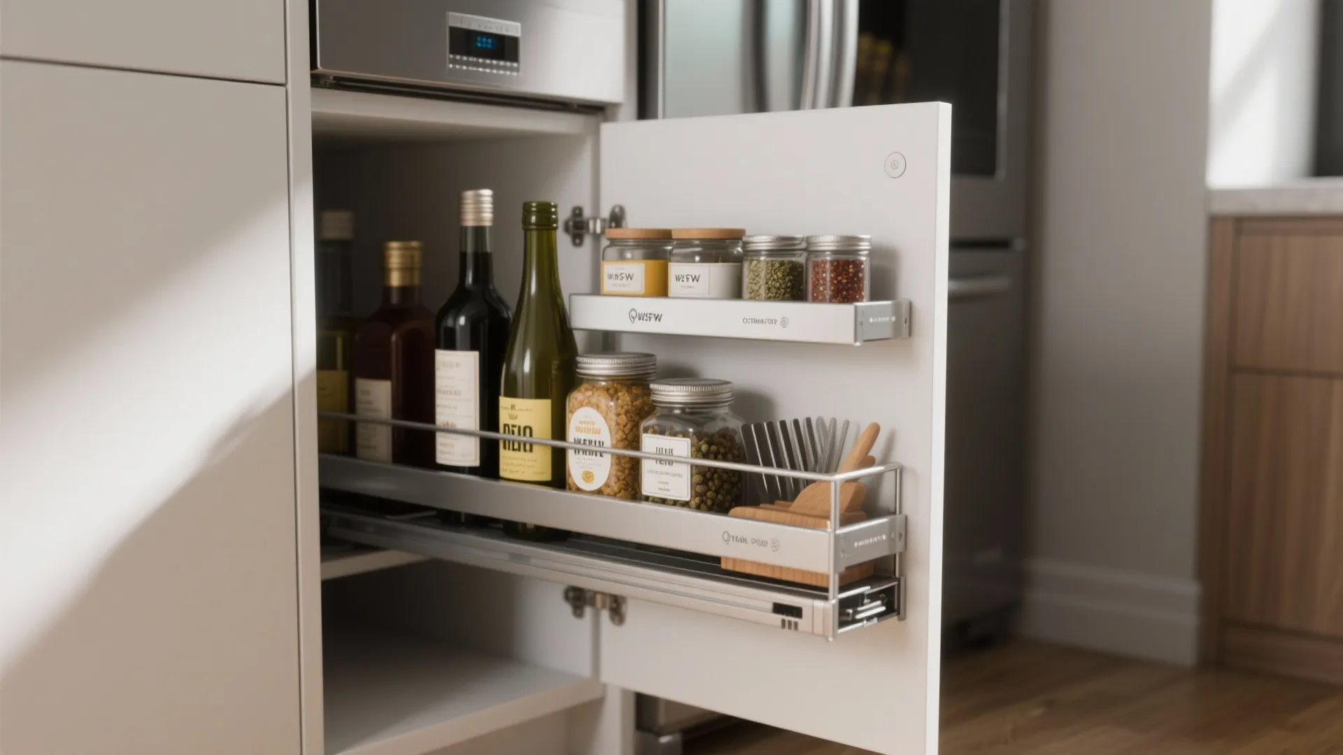 White kitchen cabinet with pull out rack storage showing wine bottles and glass spice jars