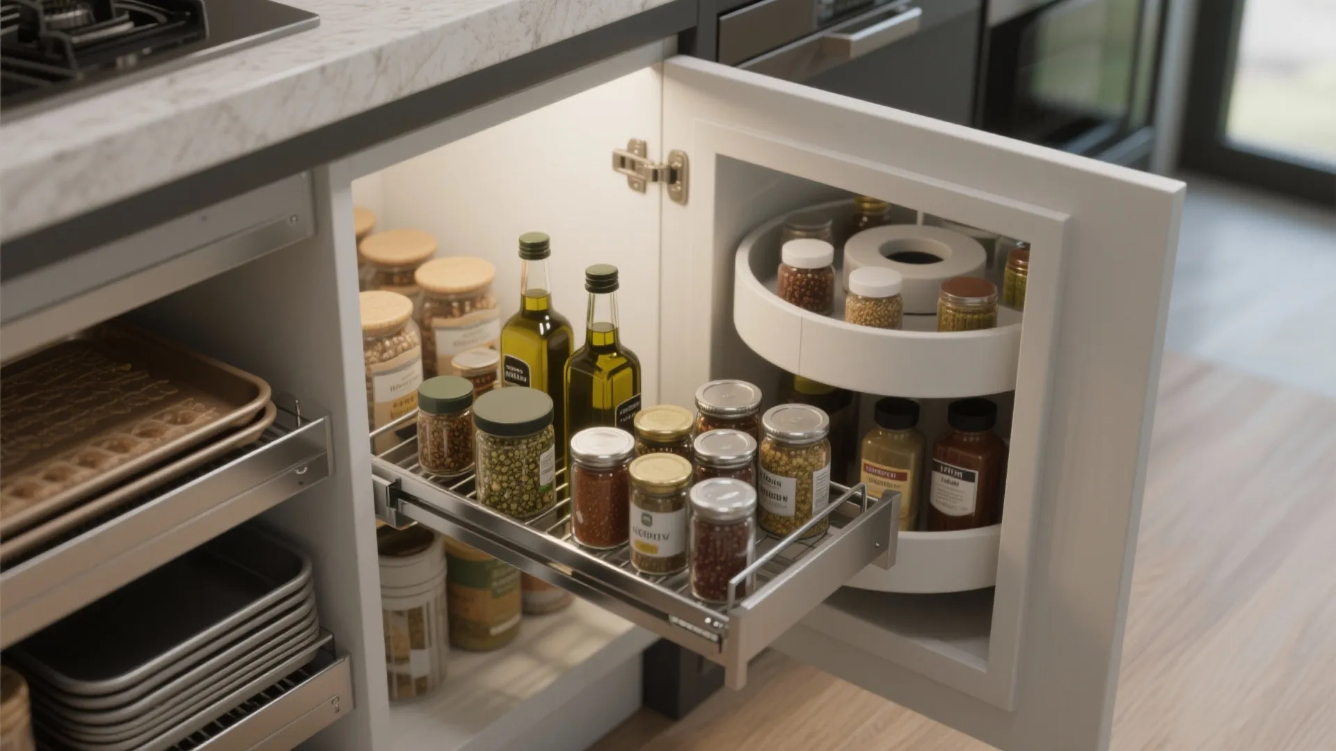 Pull out kitchen cabinet organizer with spice jars oil bottles and white rotating storage shelf