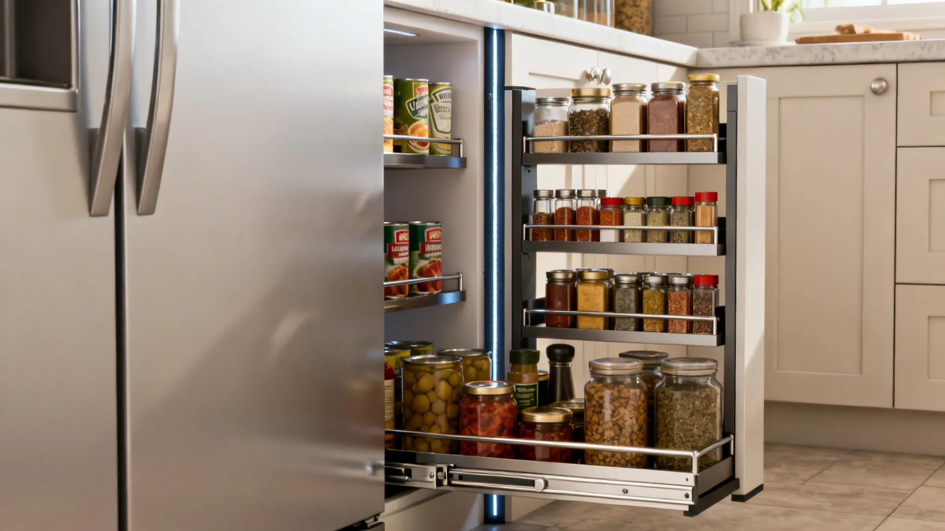 Slim pull-out pantry unit open in a small kitchen showing organized jars and cans in a narrow space.
