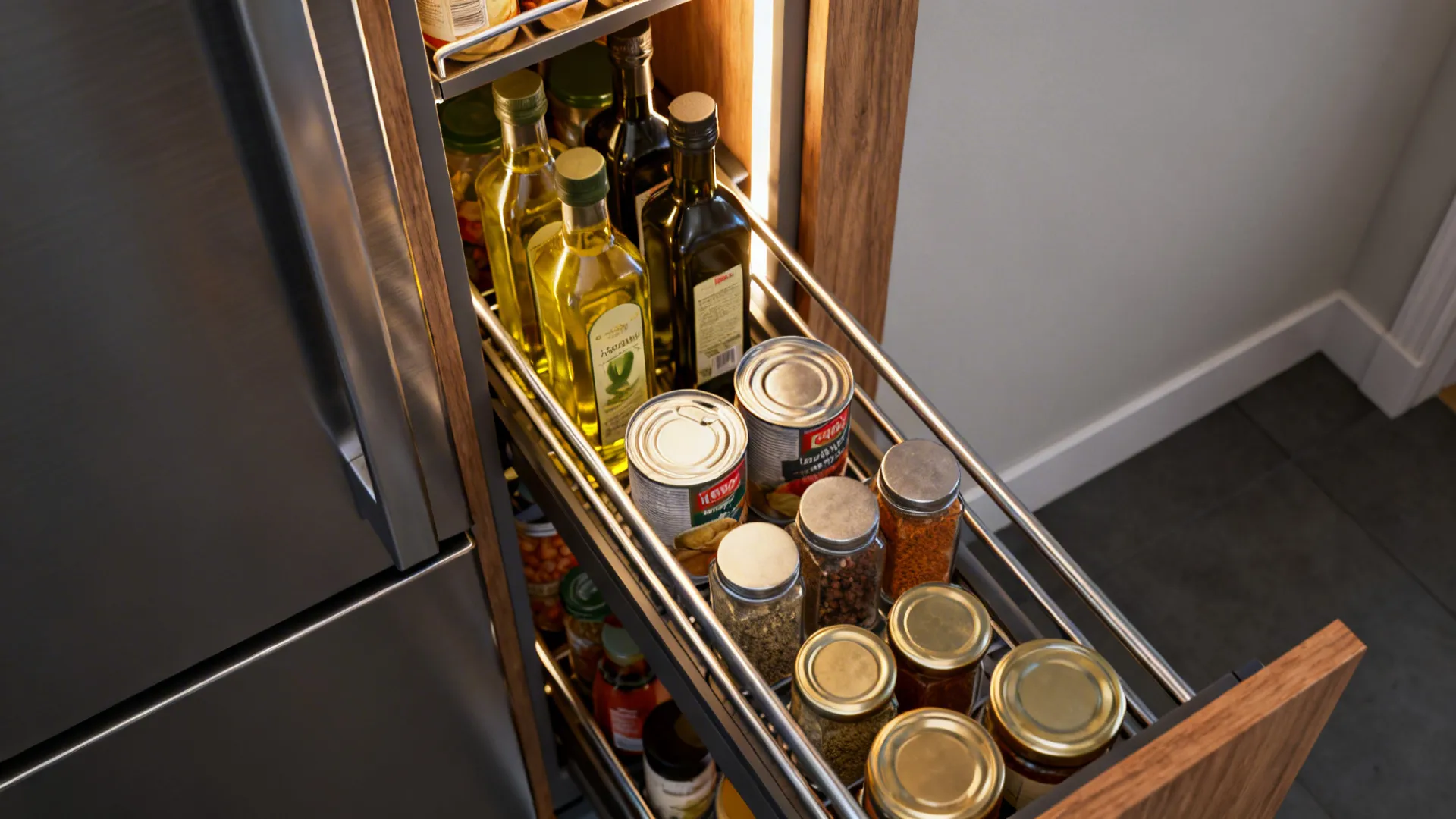 Slim pull-out pantry storing oils, canned goods and spices in a narrow gap.