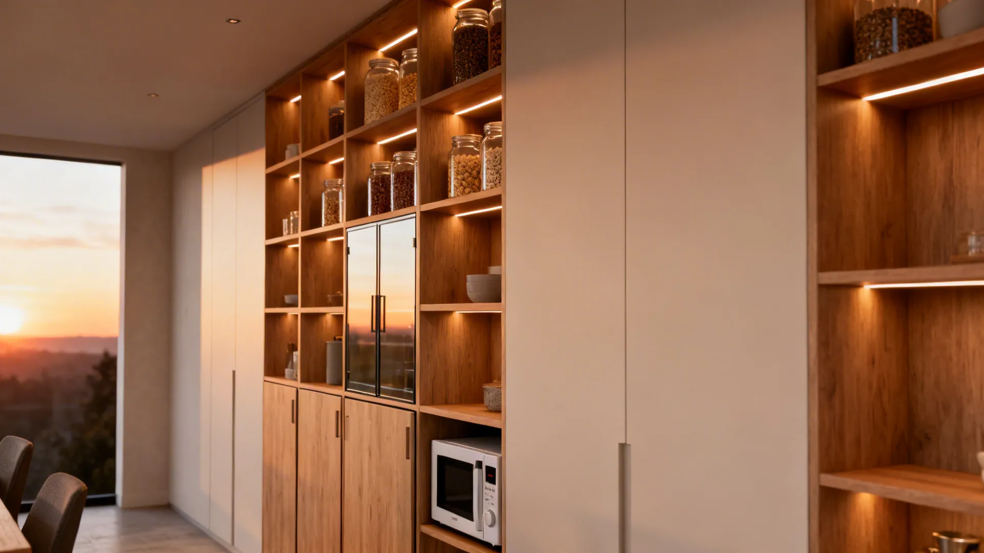 Shallow bookcase wall with doors below and open jar display above for slim pantry storage.