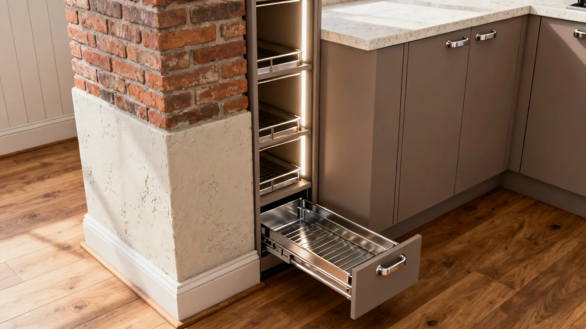 Slim tall pantry stepped back beside a masonry chimney with metal pull-outs and LED lighting.