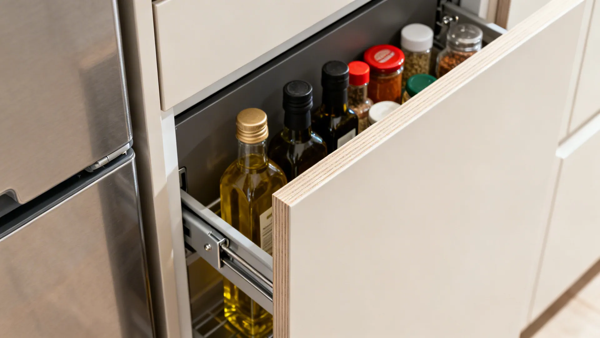 Macro of a narrow pull-out pantry tower with neatly organized bottles and spices.